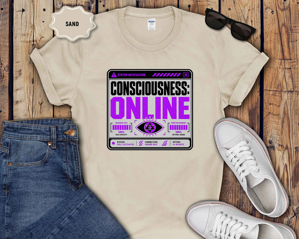 Consciousness: ONLINE Graphic T-Shirt — Retro Cybernetic Violet Design