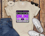 Consciousness: ONLINE Graphic T-Shirt — Retro Cybernetic Violet Design