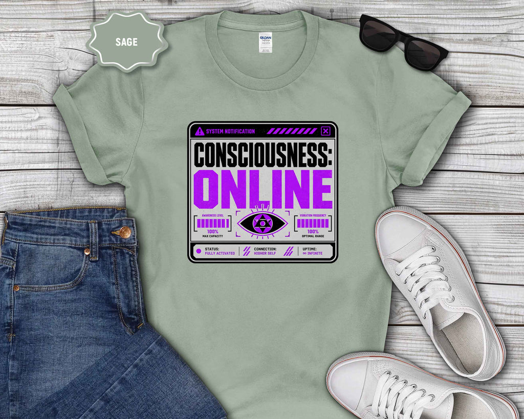 Consciousness: ONLINE Graphic T-Shirt — Retro Cybernetic Violet Design