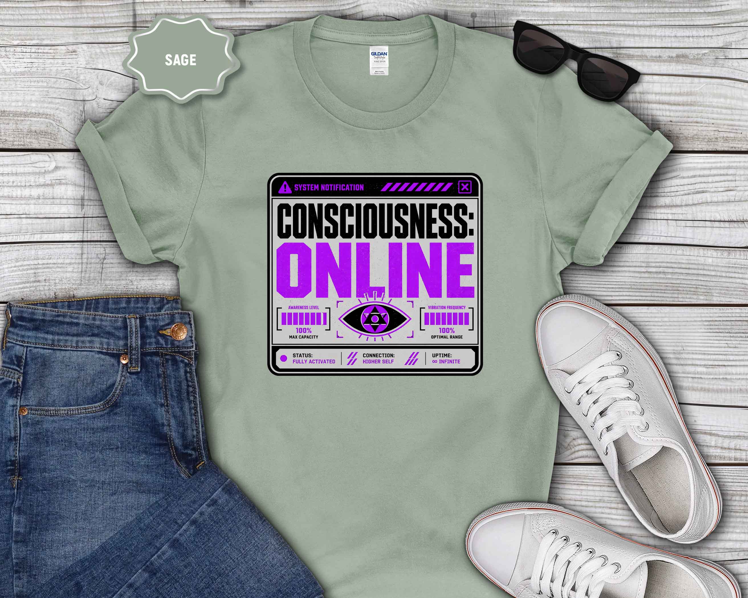 Consciousness: ONLINE Graphic T-Shirt — Retro Cybernetic Violet Design