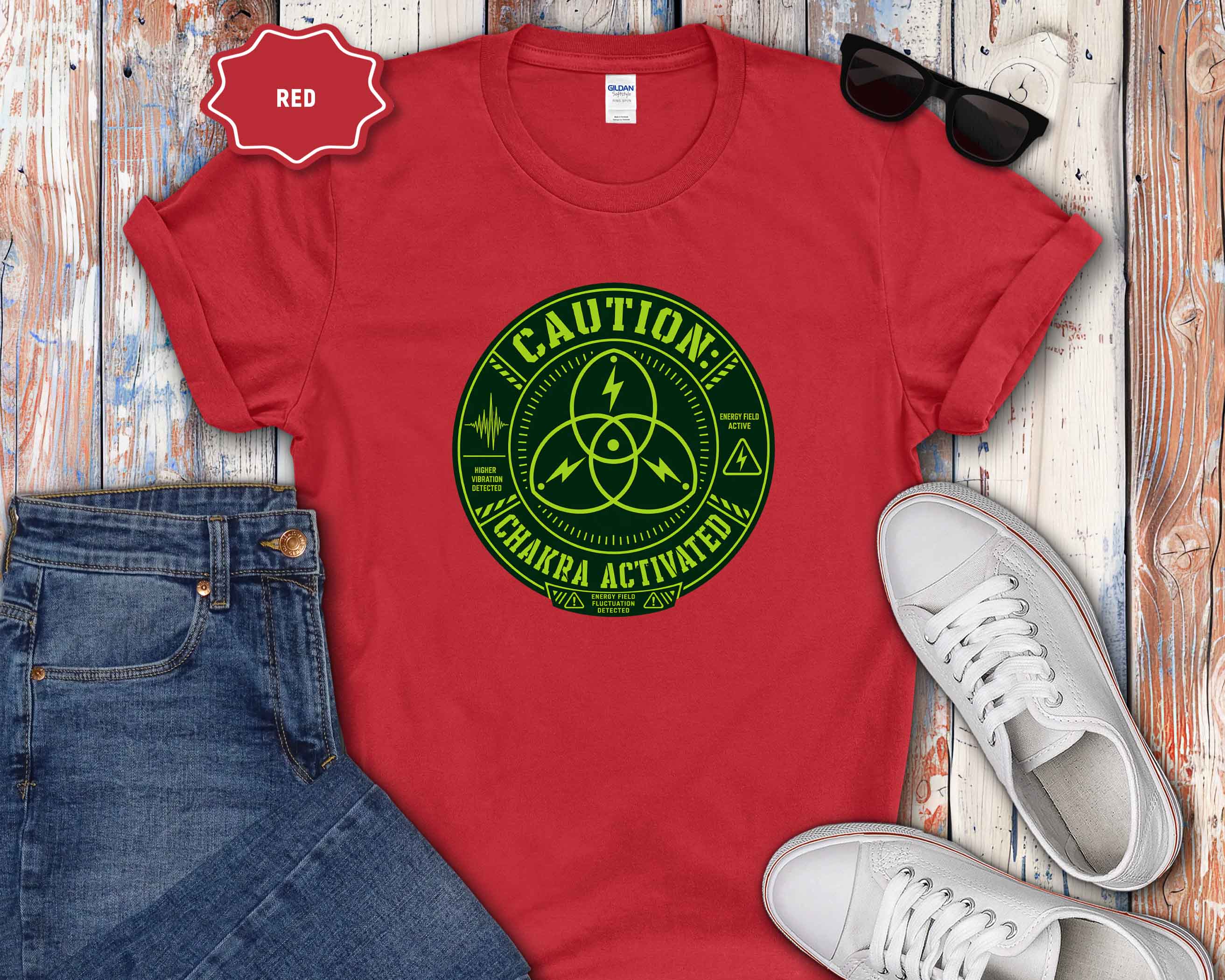 Caution: Chakra Activated T-Shirt — Neon Green Energy Symbol Tee
