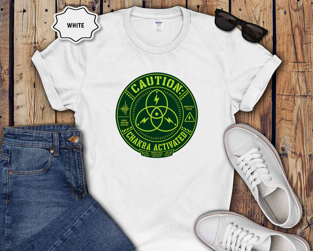 Caution: Chakra Activated T-Shirt — Neon Green Energy Symbol Tee