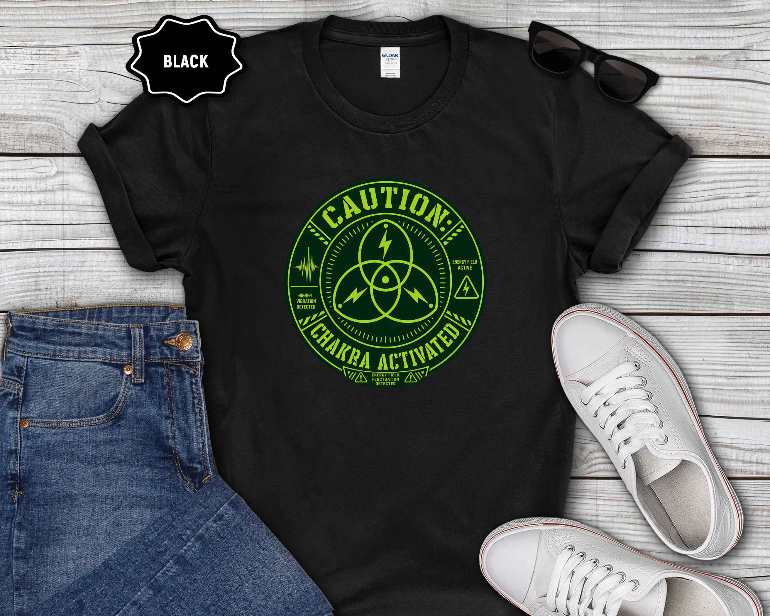 Caution: Chakra Activated T-Shirt — Neon Green Energy Symbol Tee