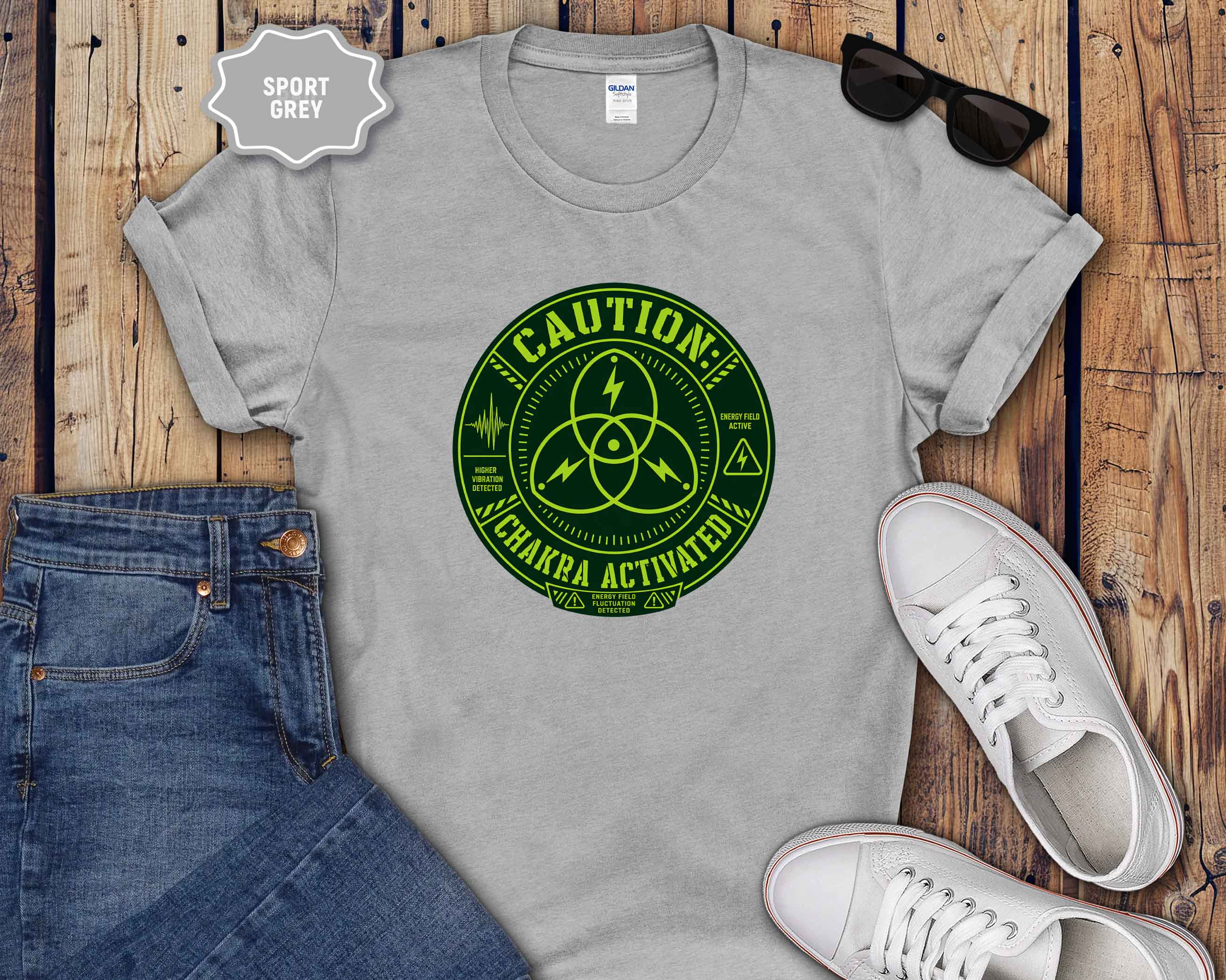 Caution: Chakra Activated T-Shirt — Neon Green Energy Symbol Tee
