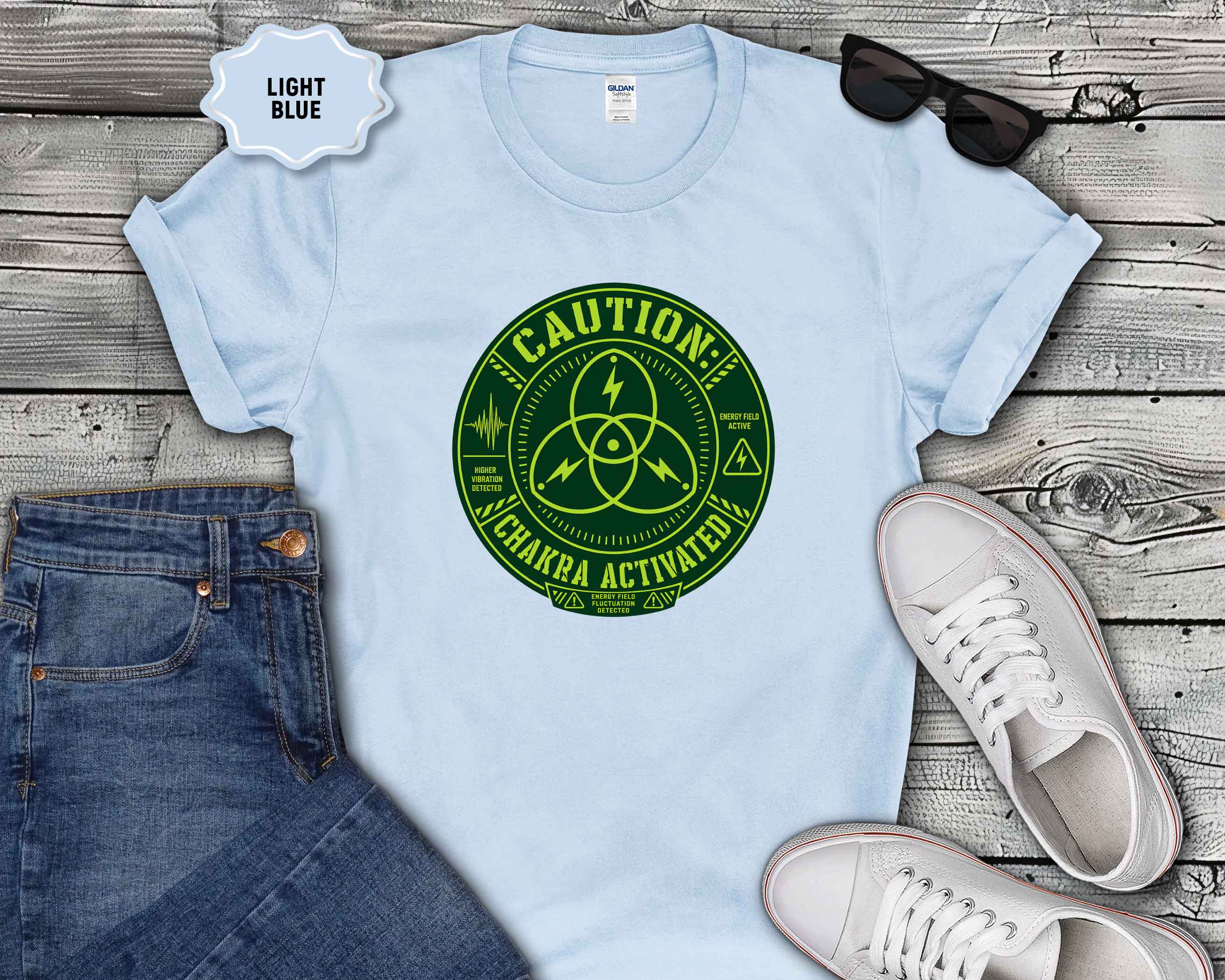 Caution: Chakra Activated T-Shirt — Neon Green Energy Symbol Tee