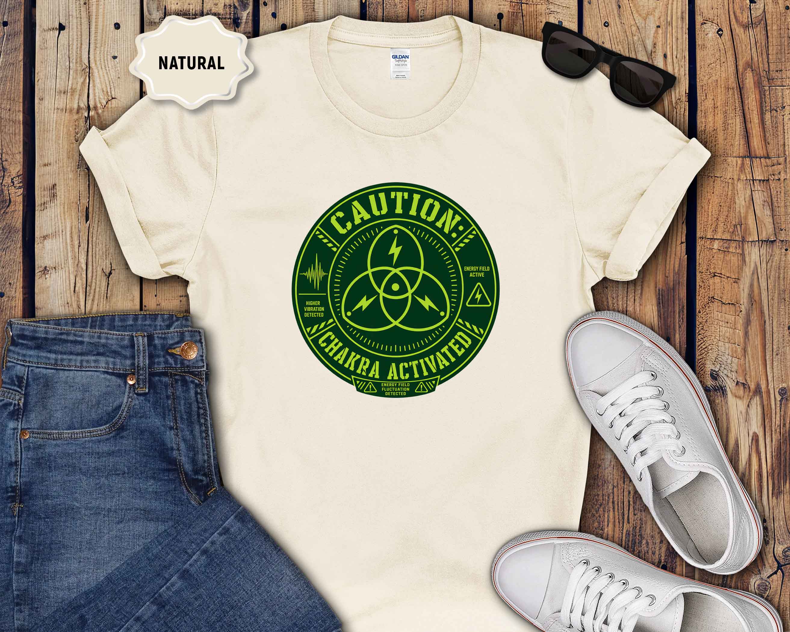 Caution: Chakra Activated T-Shirt — Neon Green Energy Symbol Tee