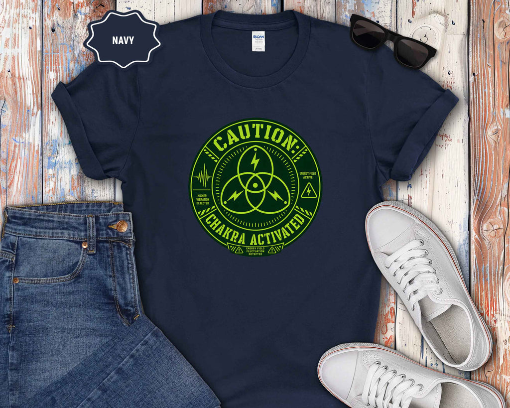 Caution: Chakra Activated T-Shirt — Neon Green Energy Symbol Tee