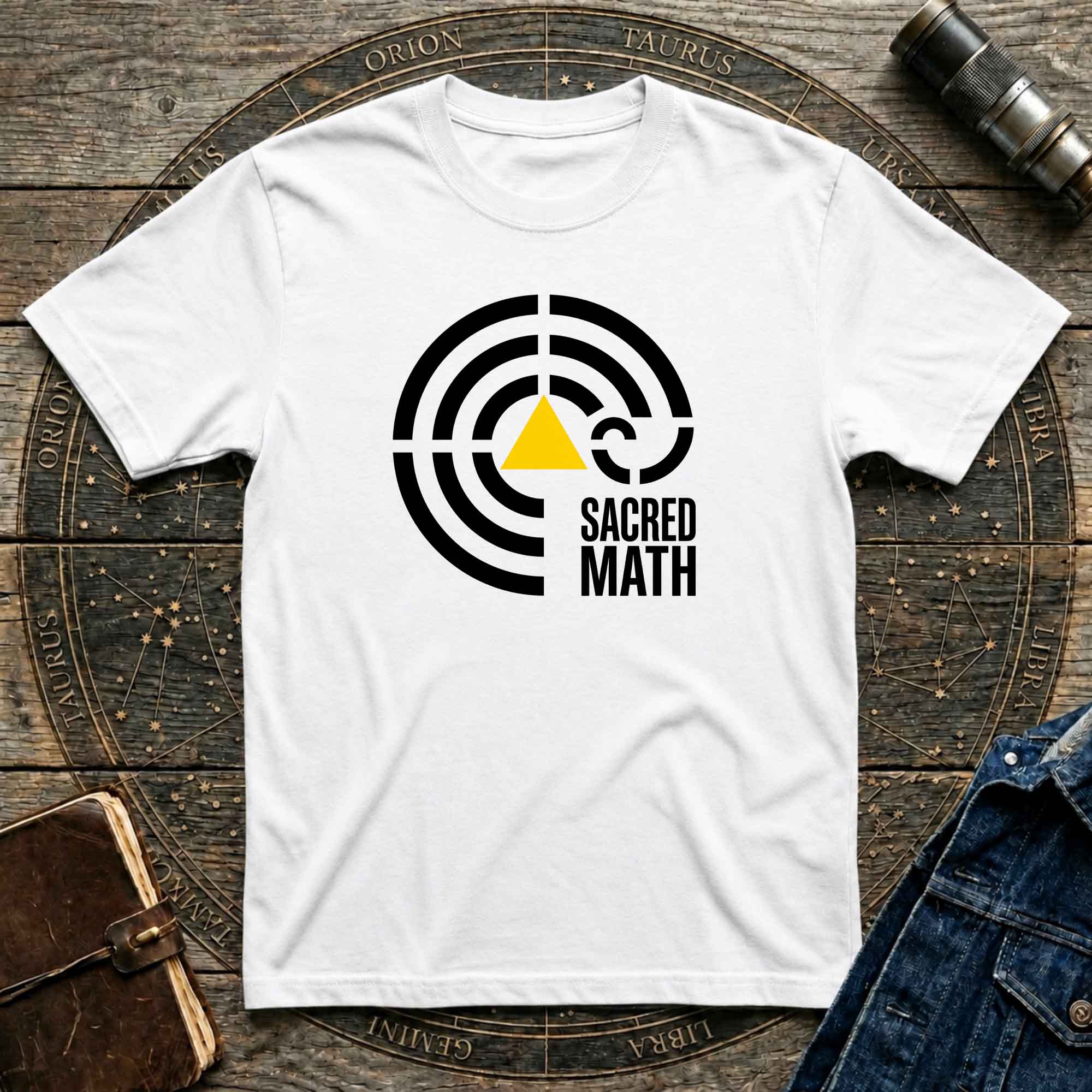 Sacred Math Graphic T-Shirt — Geometric Triangle & Maze Design