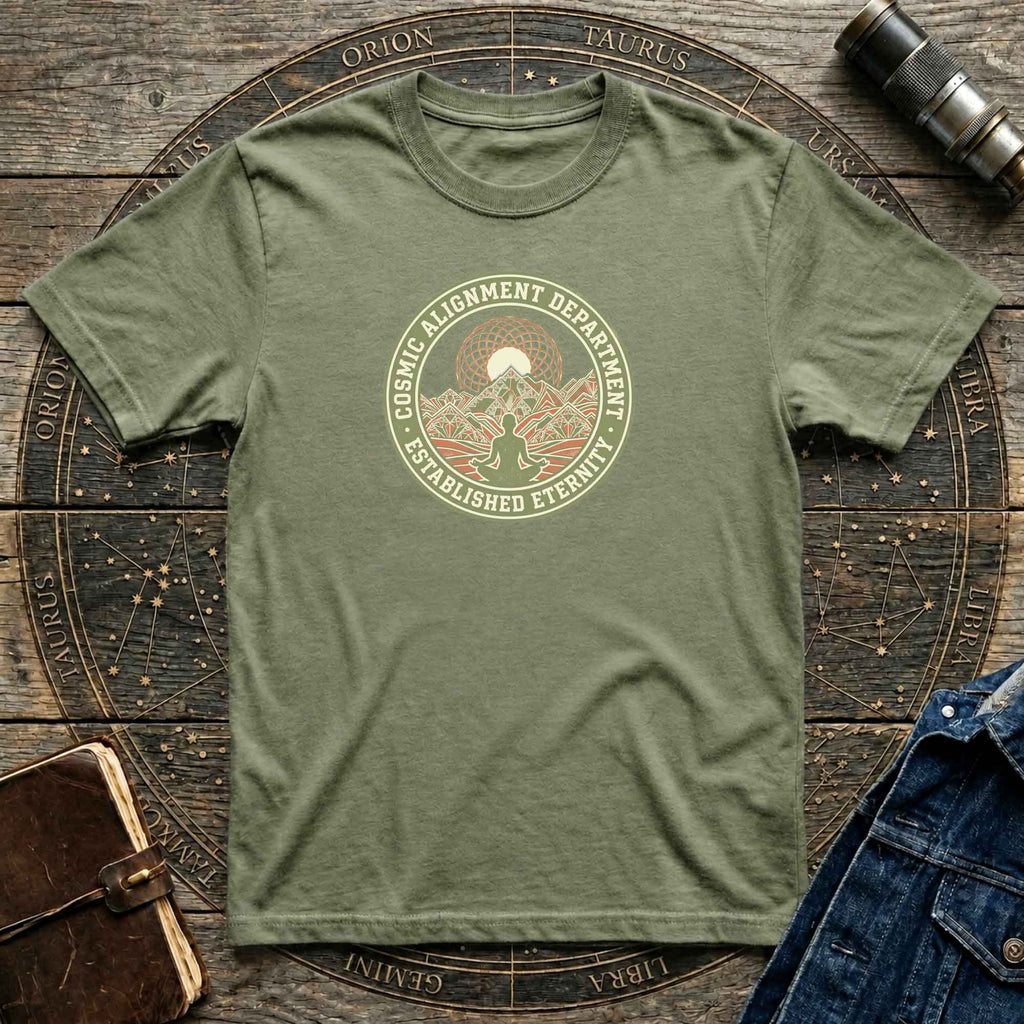 Cosmic Alignment T-Shirt – "Established Eternity" Mountain Meditation Graphic