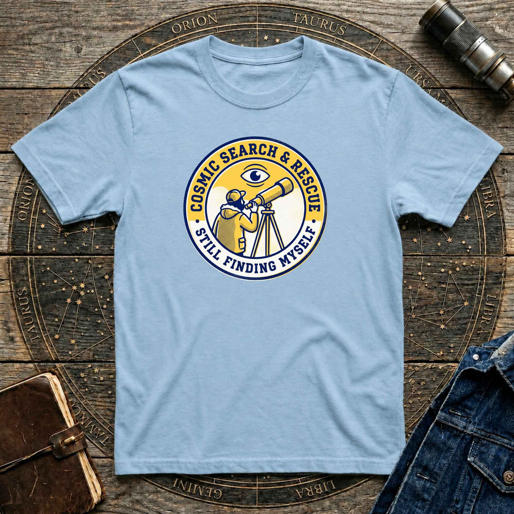T-Shirt — Cosmic Search & Rescue “Still Finding Myself” Telescope Graphic