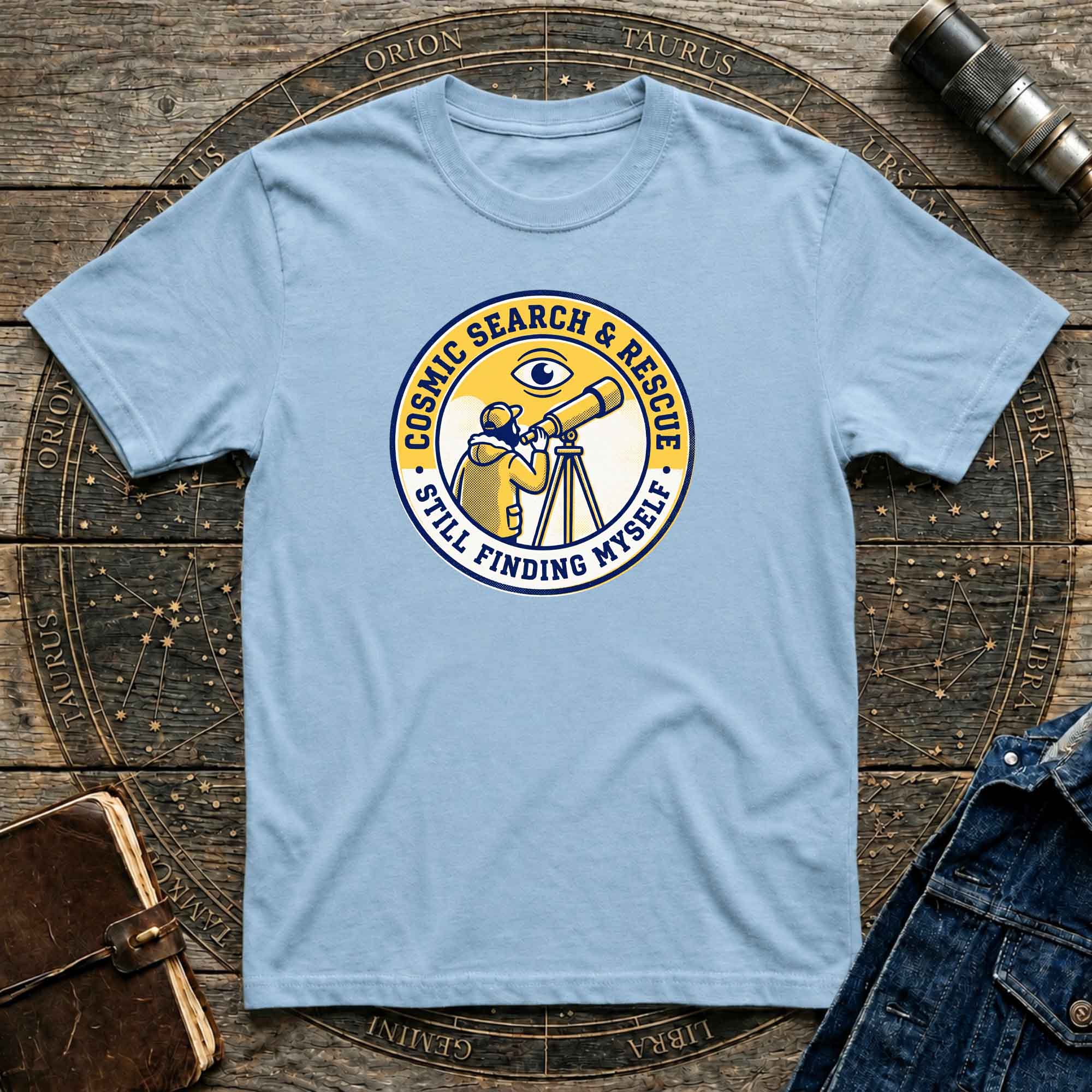 T-Shirt — Cosmic Search & Rescue “Still Finding Myself” Telescope Graphic
