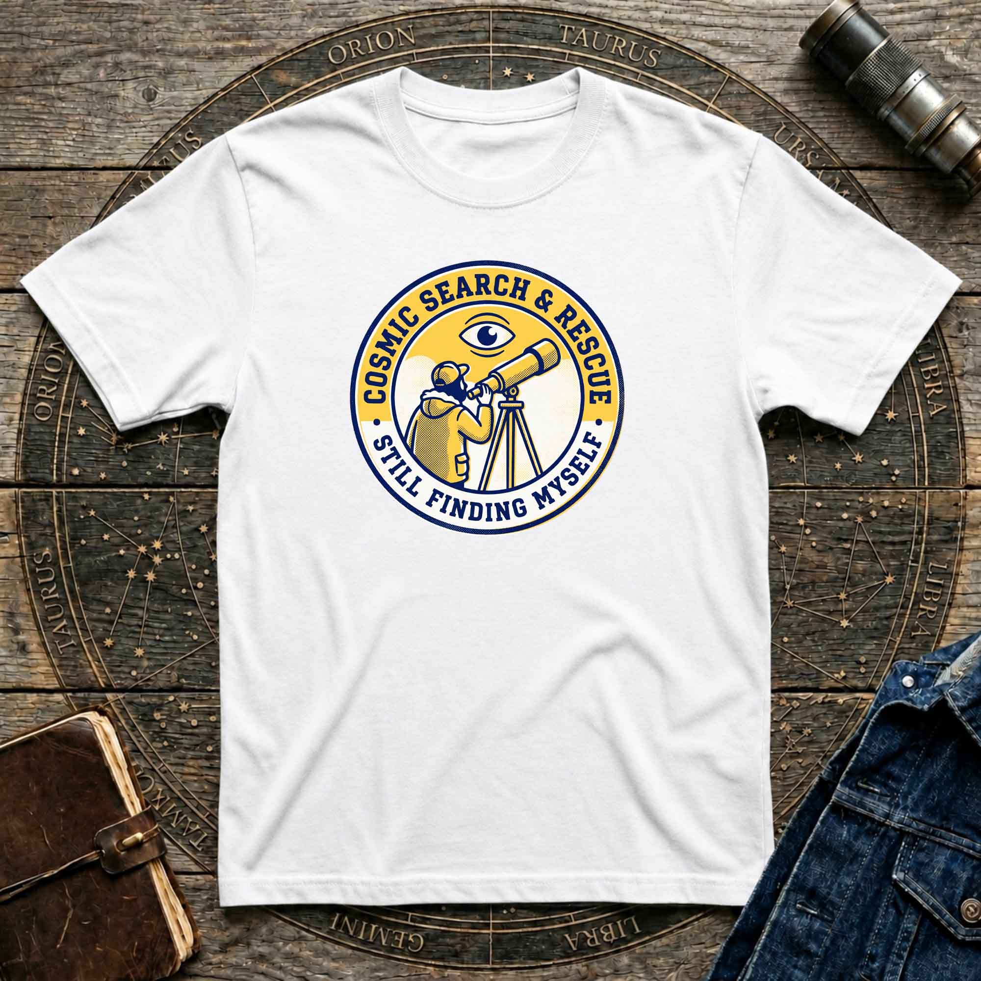T-Shirt — Cosmic Search & Rescue “Still Finding Myself” Telescope Graphic