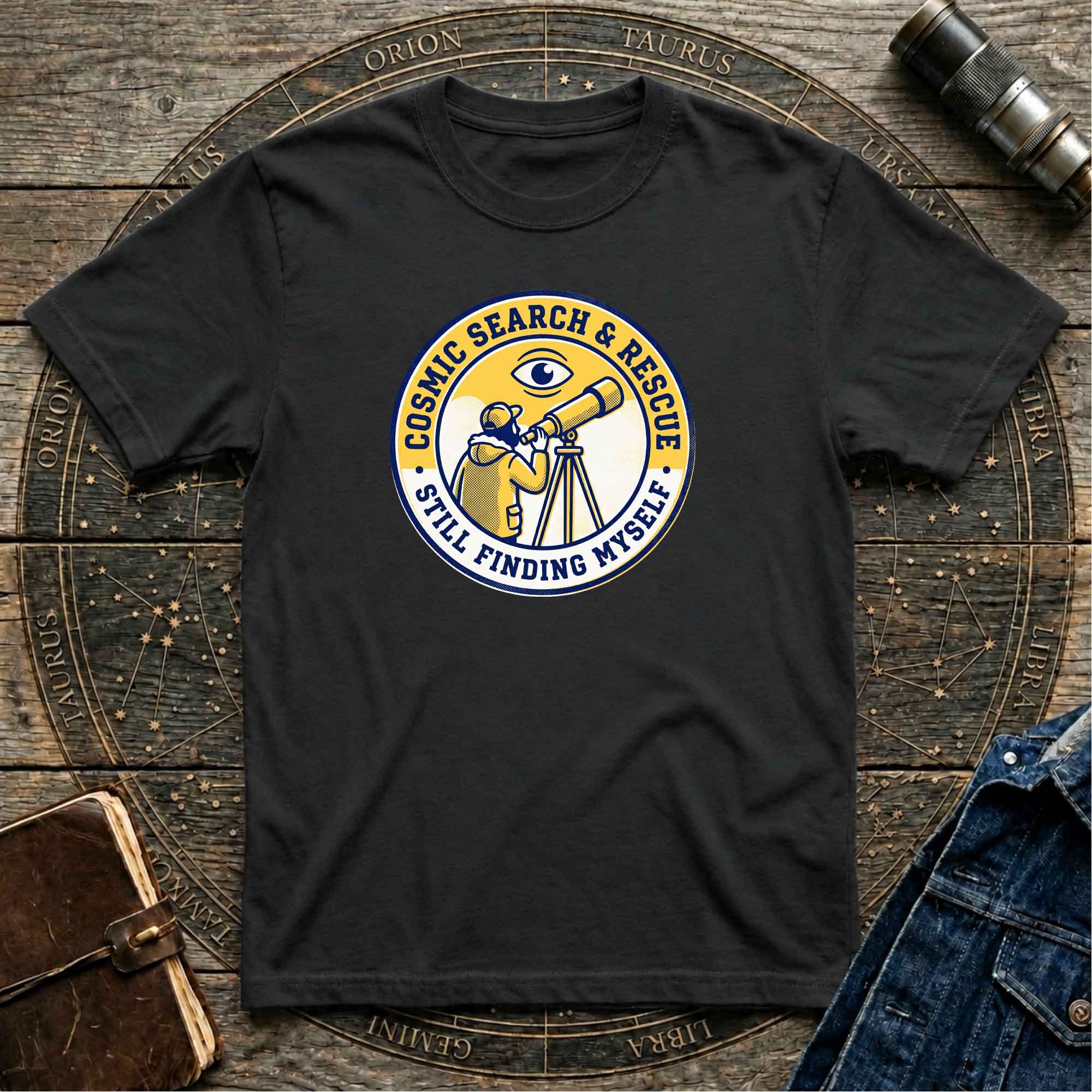 T-Shirt — Cosmic Search & Rescue “Still Finding Myself” Telescope Graphic