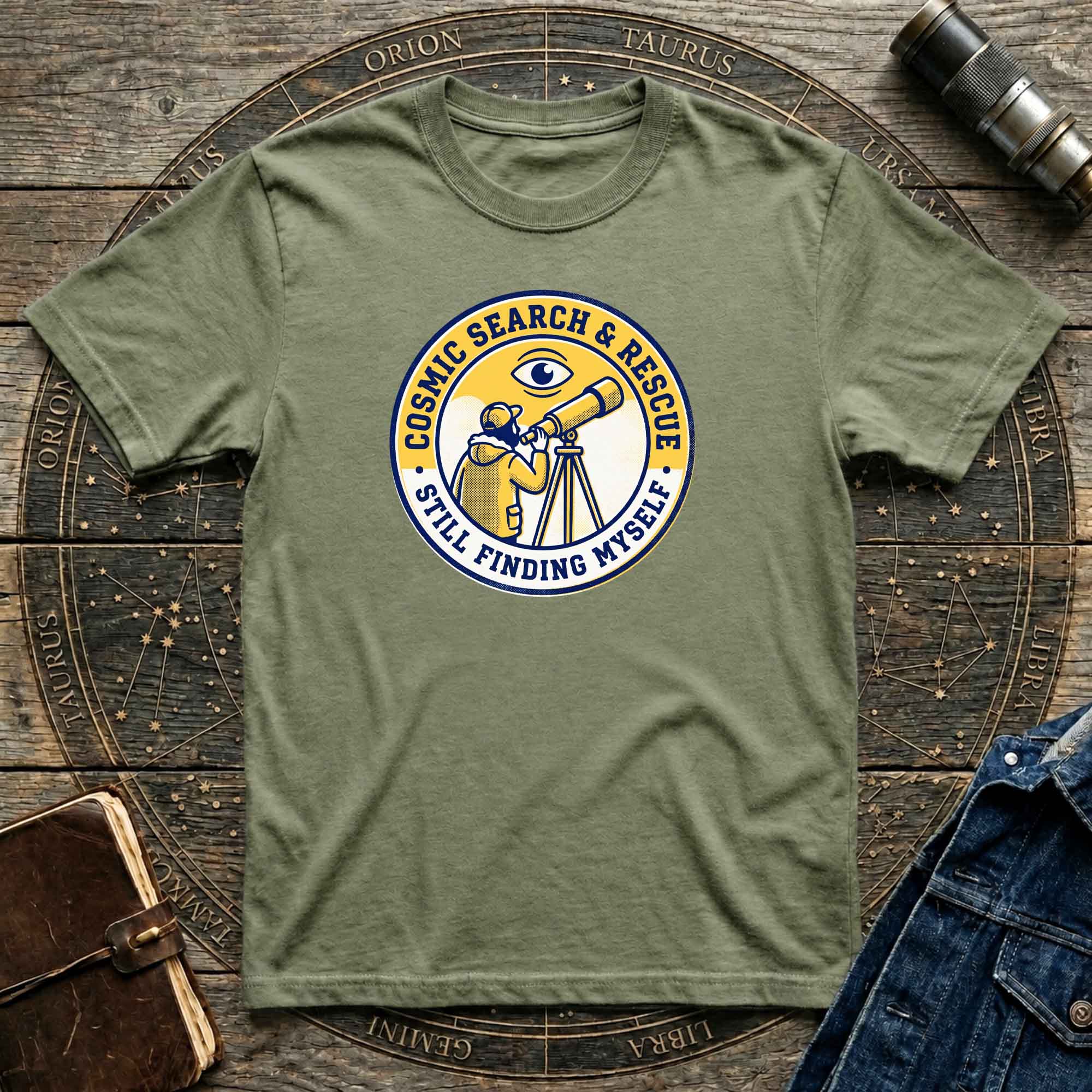 T-Shirt — Cosmic Search & Rescue “Still Finding Myself” Telescope Graphic