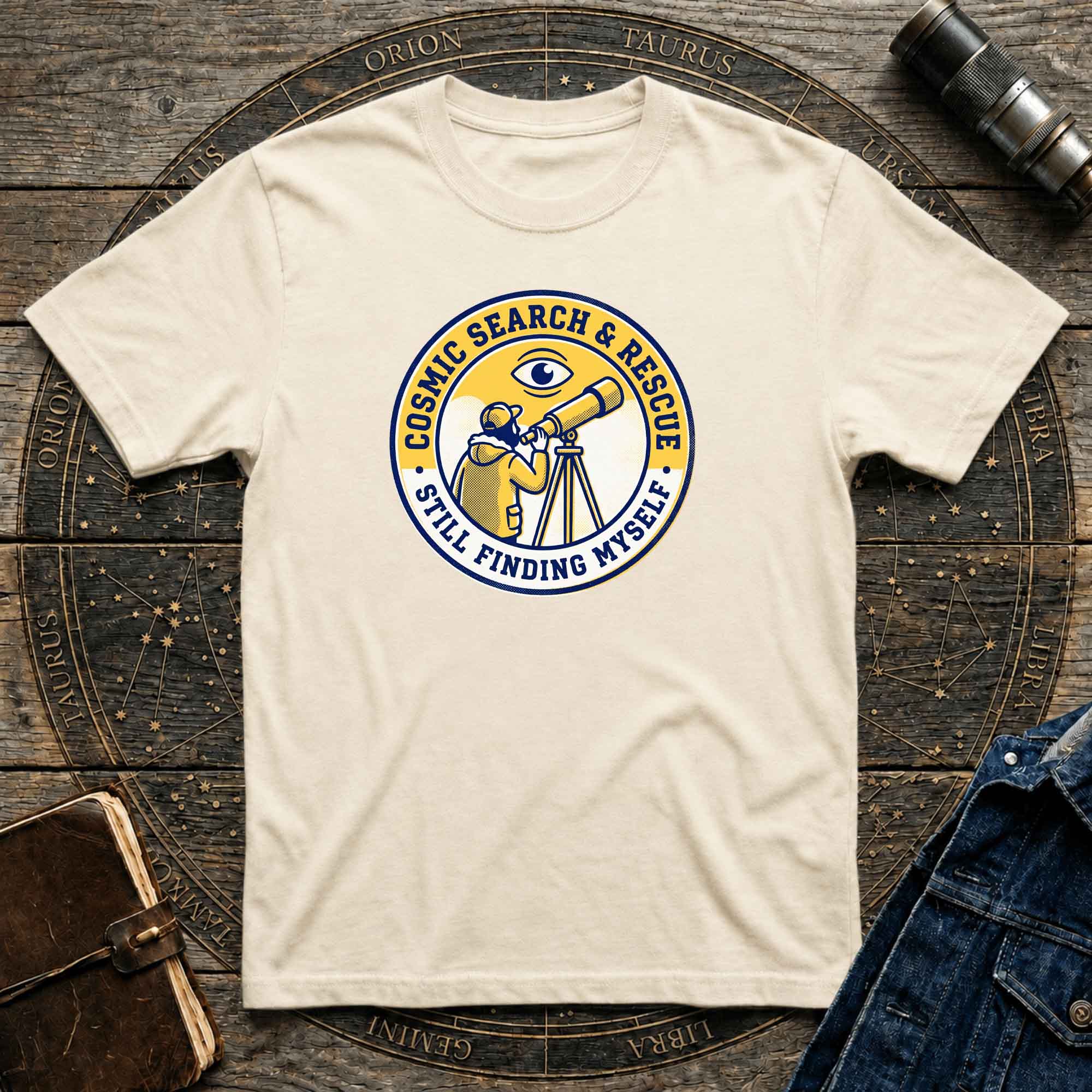 T-Shirt — Cosmic Search & Rescue “Still Finding Myself” Telescope Graphic