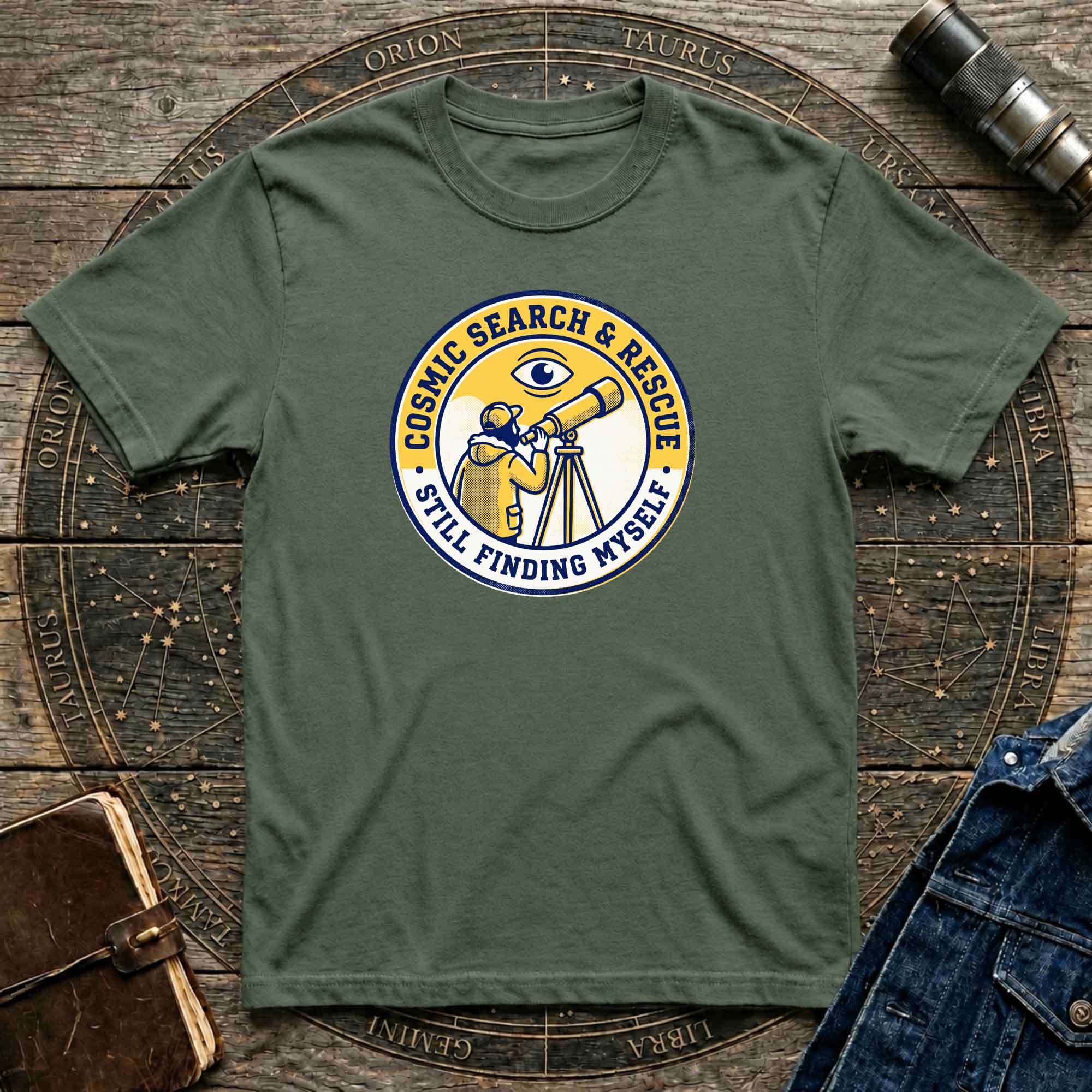 T-Shirt — Cosmic Search & Rescue “Still Finding Myself” Telescope Graphic