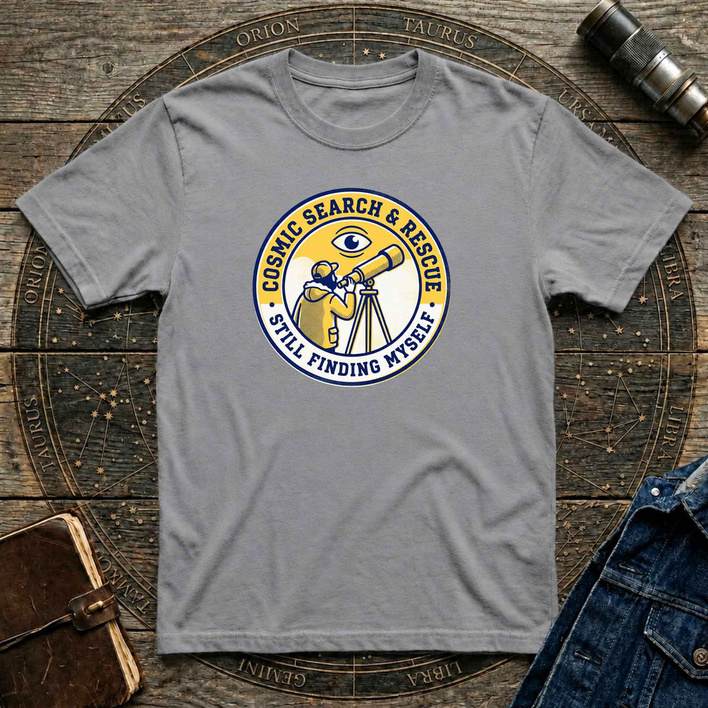 T-Shirt — Cosmic Search & Rescue “Still Finding Myself” Telescope Graphic