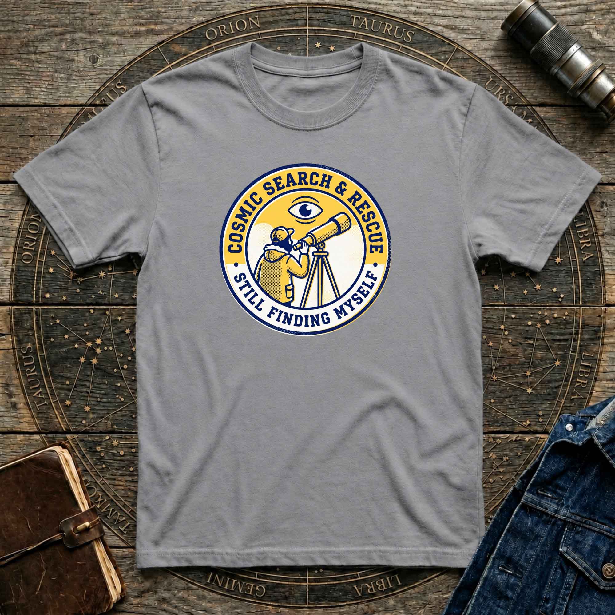 T-Shirt — Cosmic Search & Rescue “Still Finding Myself” Telescope Graphic