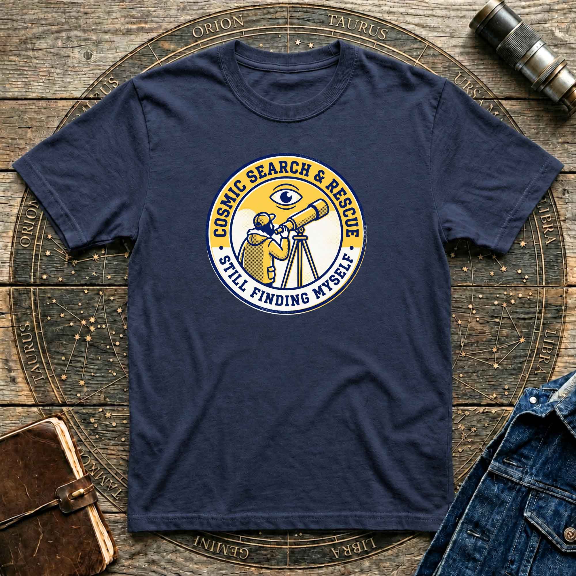 T-Shirt — Cosmic Search & Rescue “Still Finding Myself” Telescope Graphic