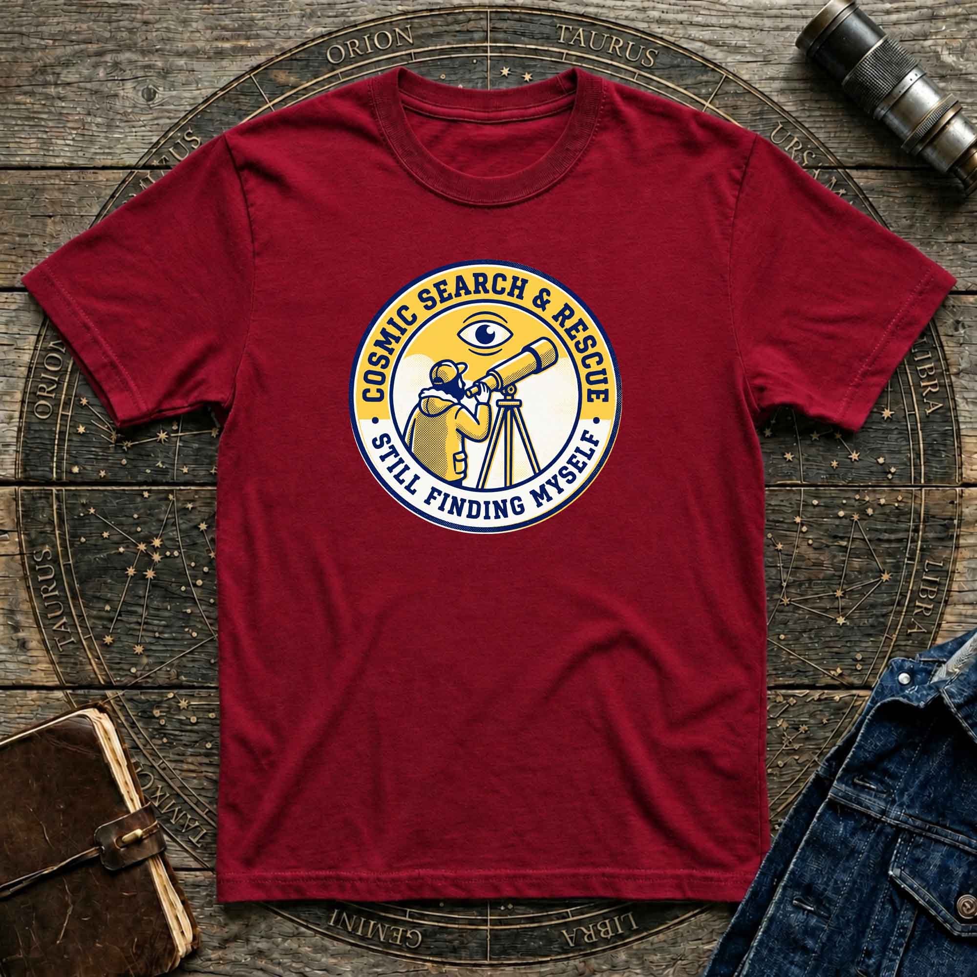 T-Shirt — Cosmic Search & Rescue “Still Finding Myself” Telescope Graphic