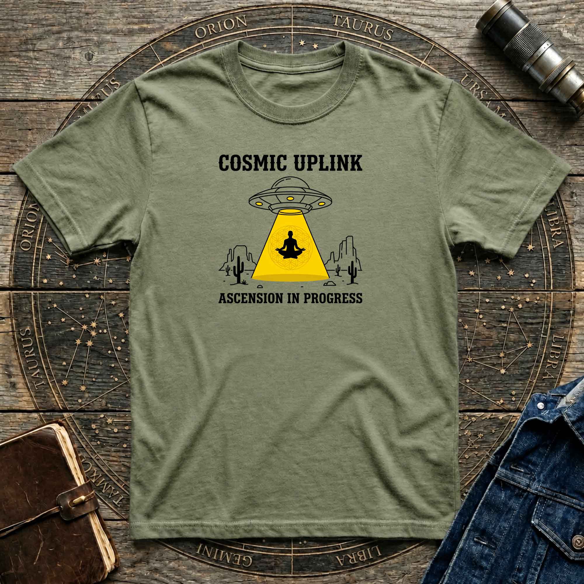 Cosmic Uplink T-Shirt — UFO Meditation Graphic Tee ("Ascension in Progress")