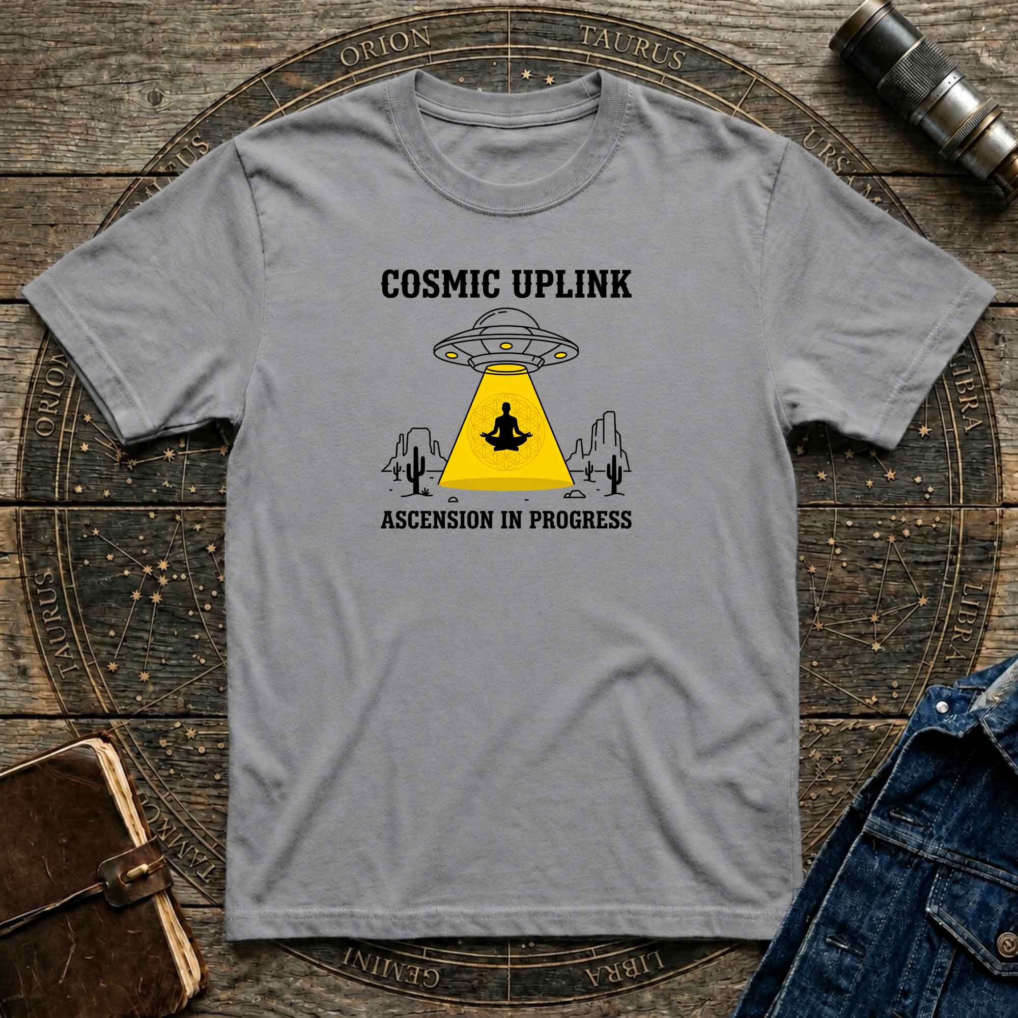 Cosmic Uplink T-Shirt — UFO Meditation Graphic Tee ("Ascension in Progress")