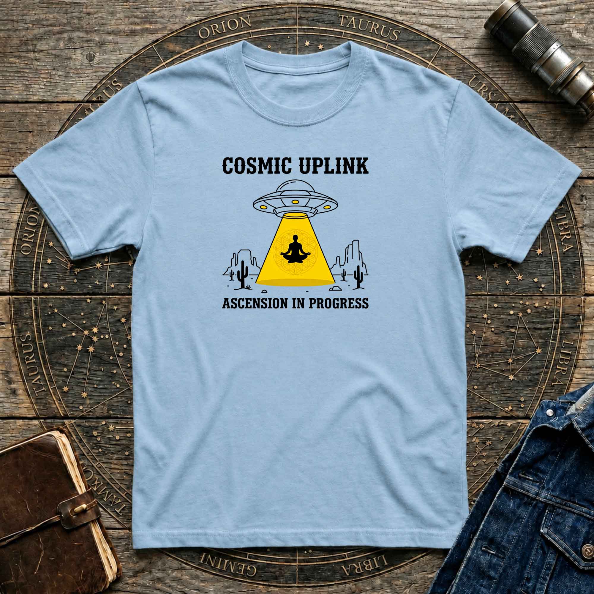 Cosmic Uplink T-Shirt — UFO Meditation Graphic Tee ("Ascension in Progress")