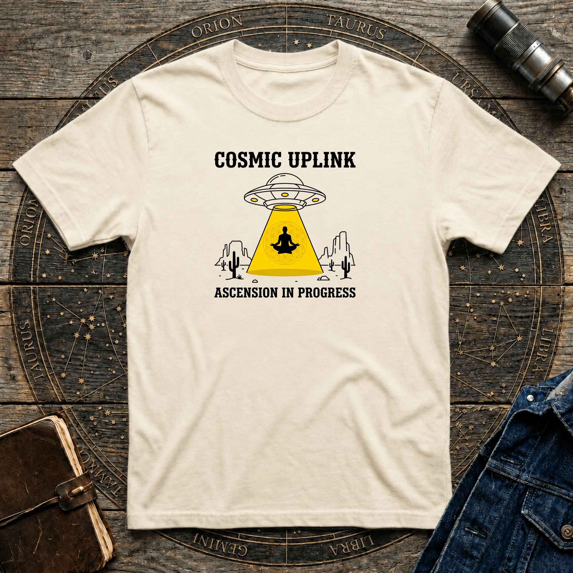 Cosmic Uplink T-Shirt — UFO Meditation Graphic Tee ("Ascension in Progress")