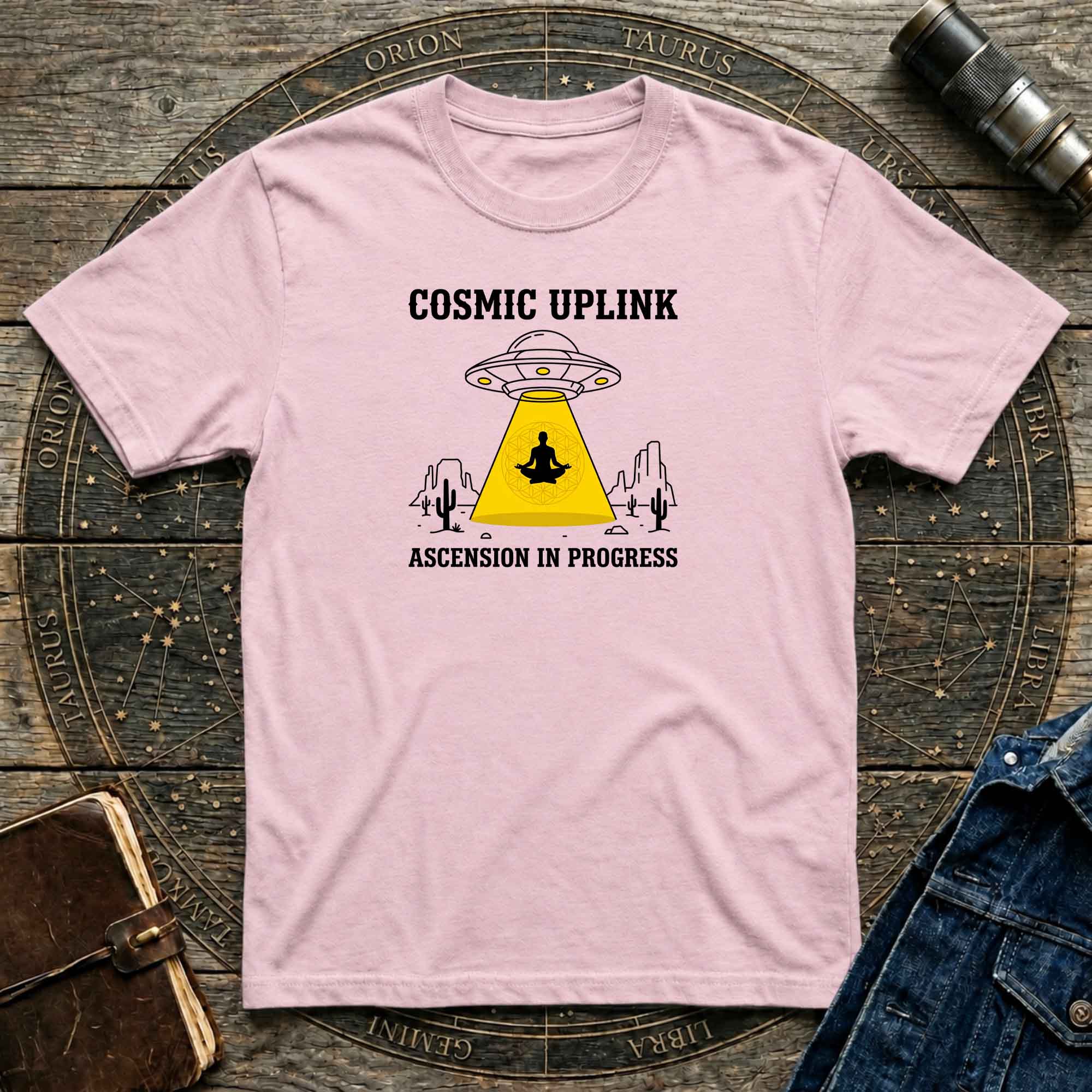 Cosmic Uplink T-Shirt — UFO Meditation Graphic Tee ("Ascension in Progress")