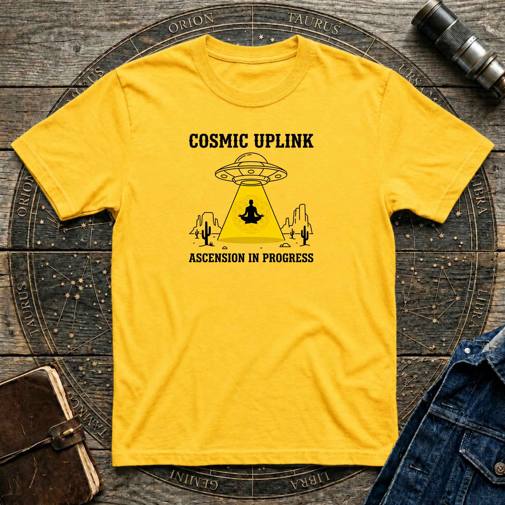 Cosmic Uplink T-Shirt — UFO Meditation Graphic Tee ("Ascension in Progress")