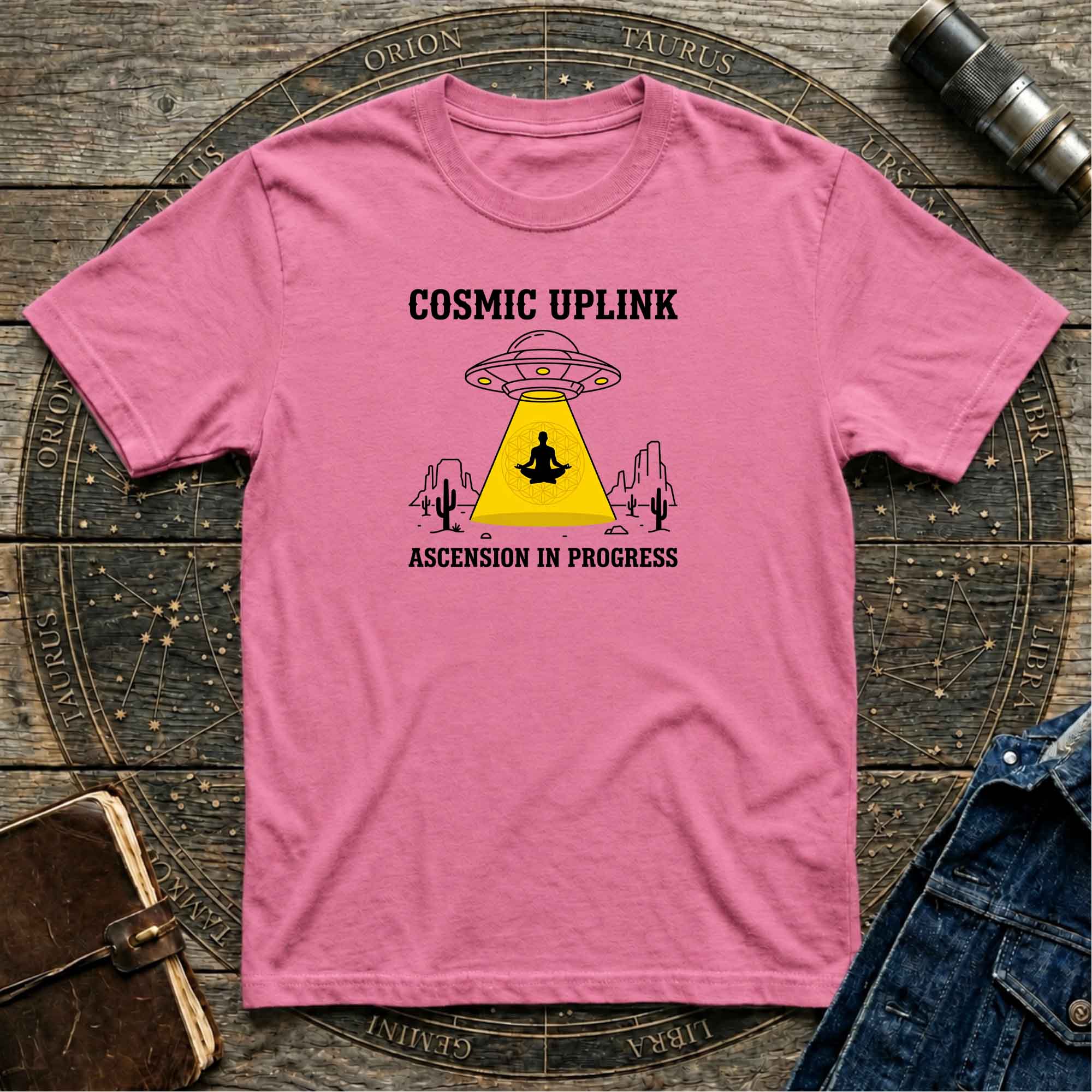 Cosmic Uplink T-Shirt — UFO Meditation Graphic Tee ("Ascension in Progress")