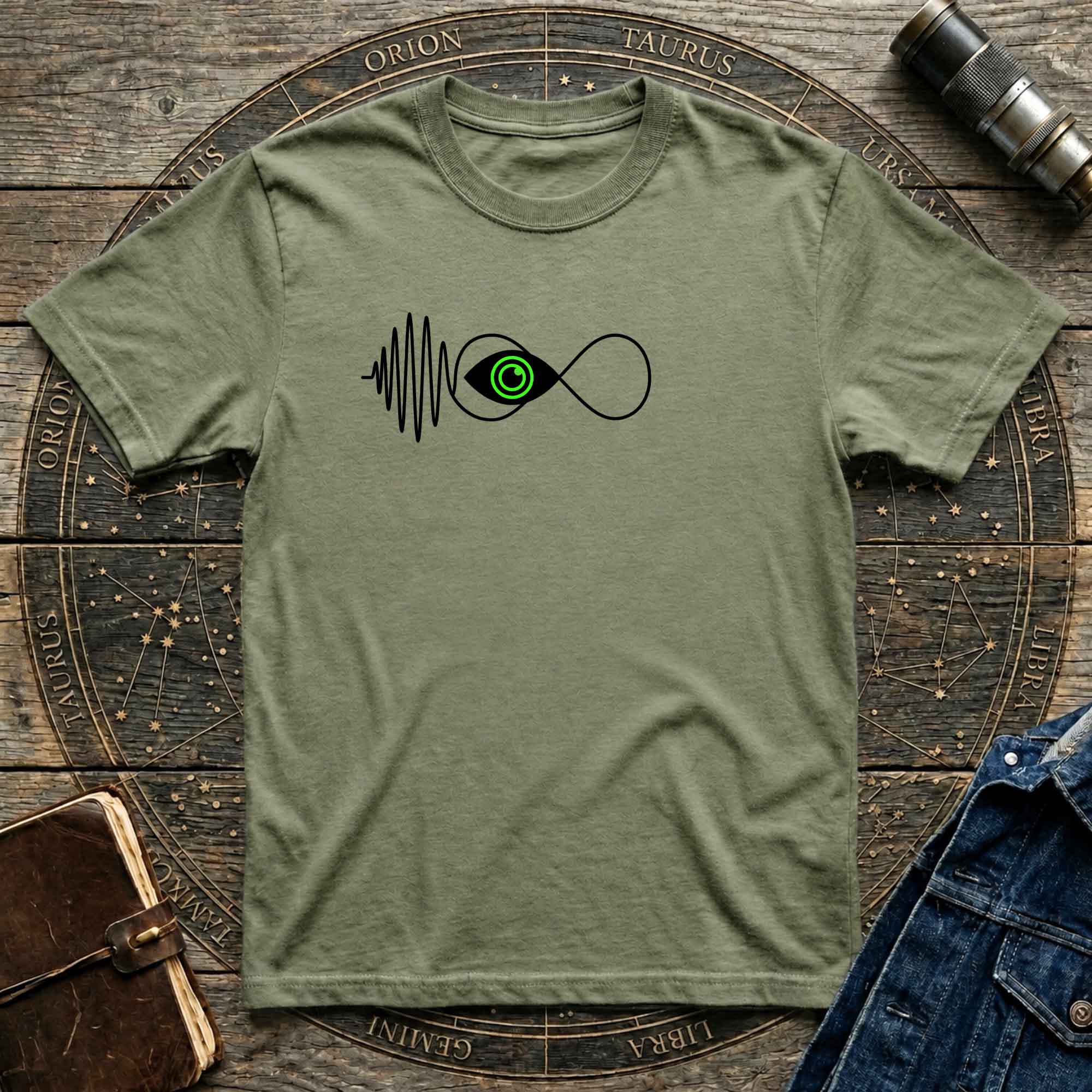 Infinity Wave Eye T-Shirt — Minimalist Soundwave & Green Eye Design