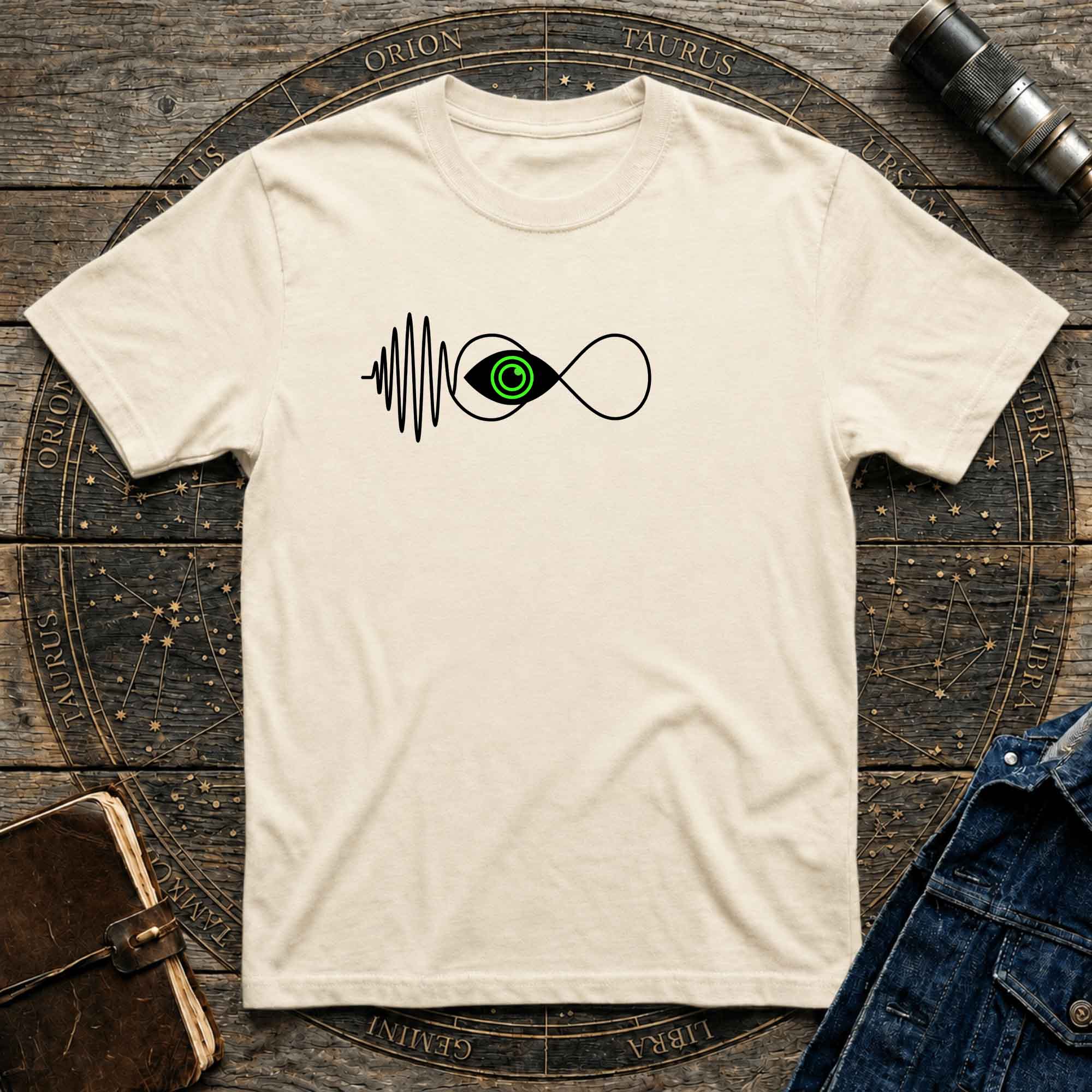 Infinity Wave Eye T-Shirt — Minimalist Soundwave & Green Eye Design