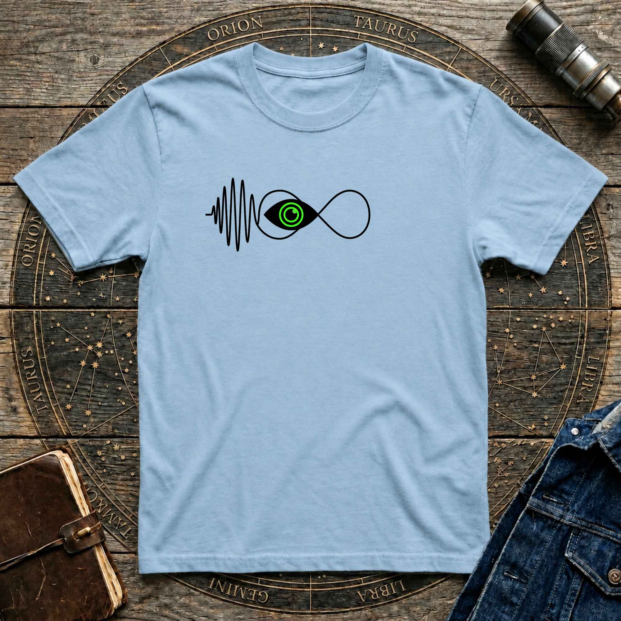 Infinity Wave Eye T-Shirt — Minimalist Soundwave & Green Eye Design