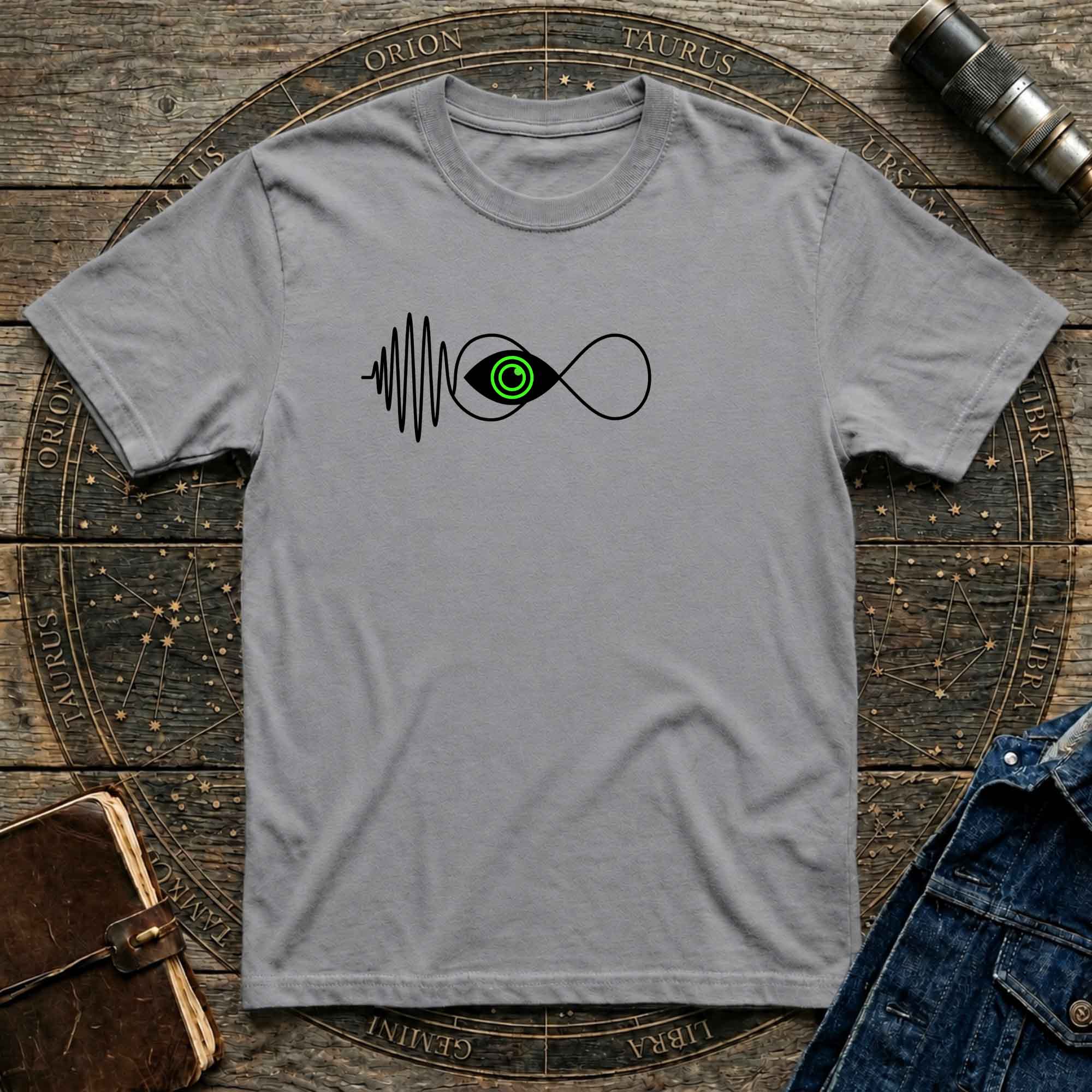 Infinity Wave Eye T-Shirt — Minimalist Soundwave & Green Eye Design
