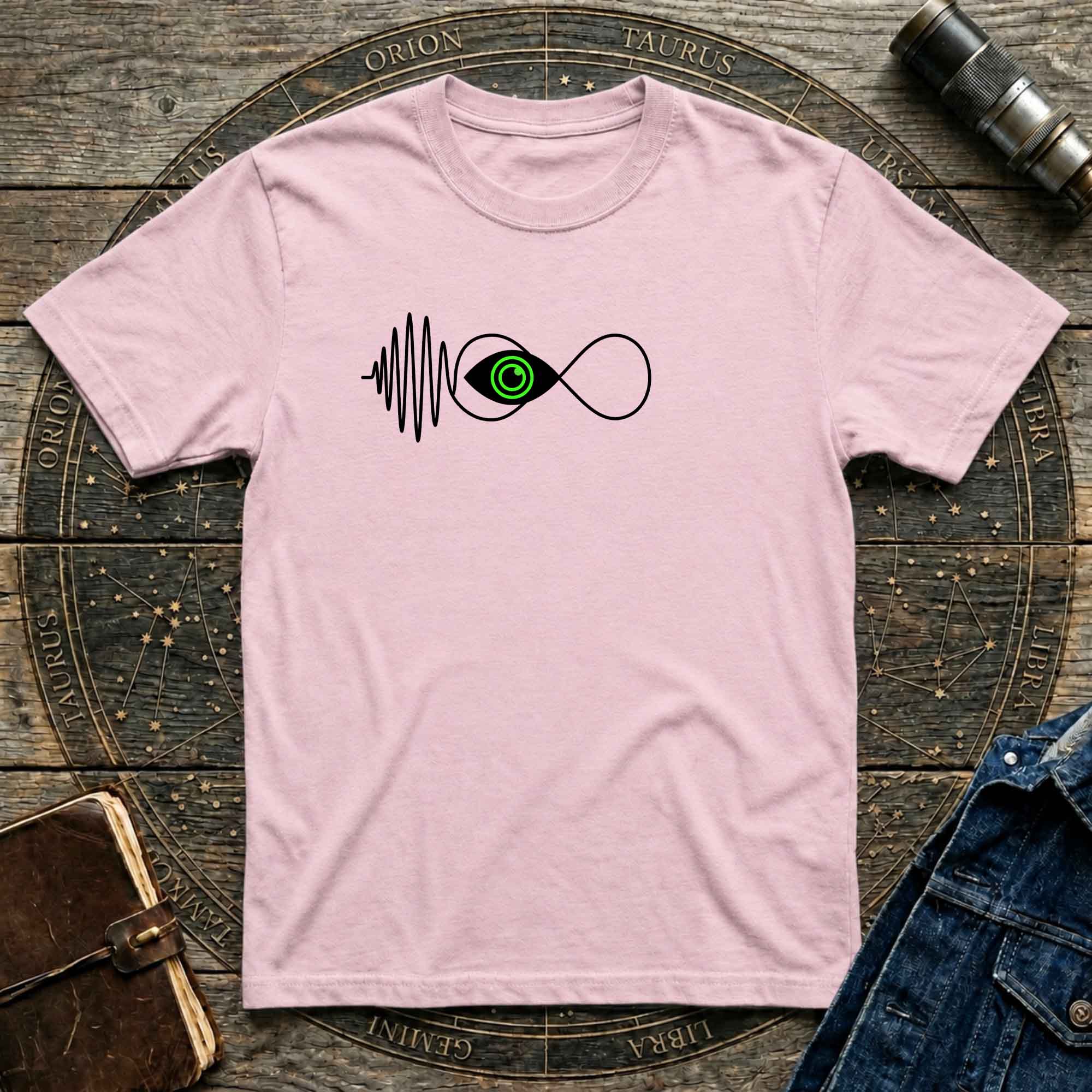 Infinity Wave Eye T-Shirt — Minimalist Soundwave & Green Eye Design