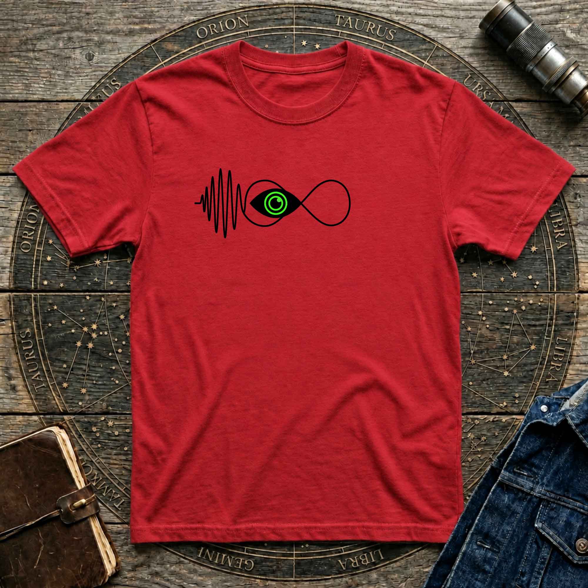 Infinity Wave Eye T-Shirt — Minimalist Soundwave & Green Eye Design