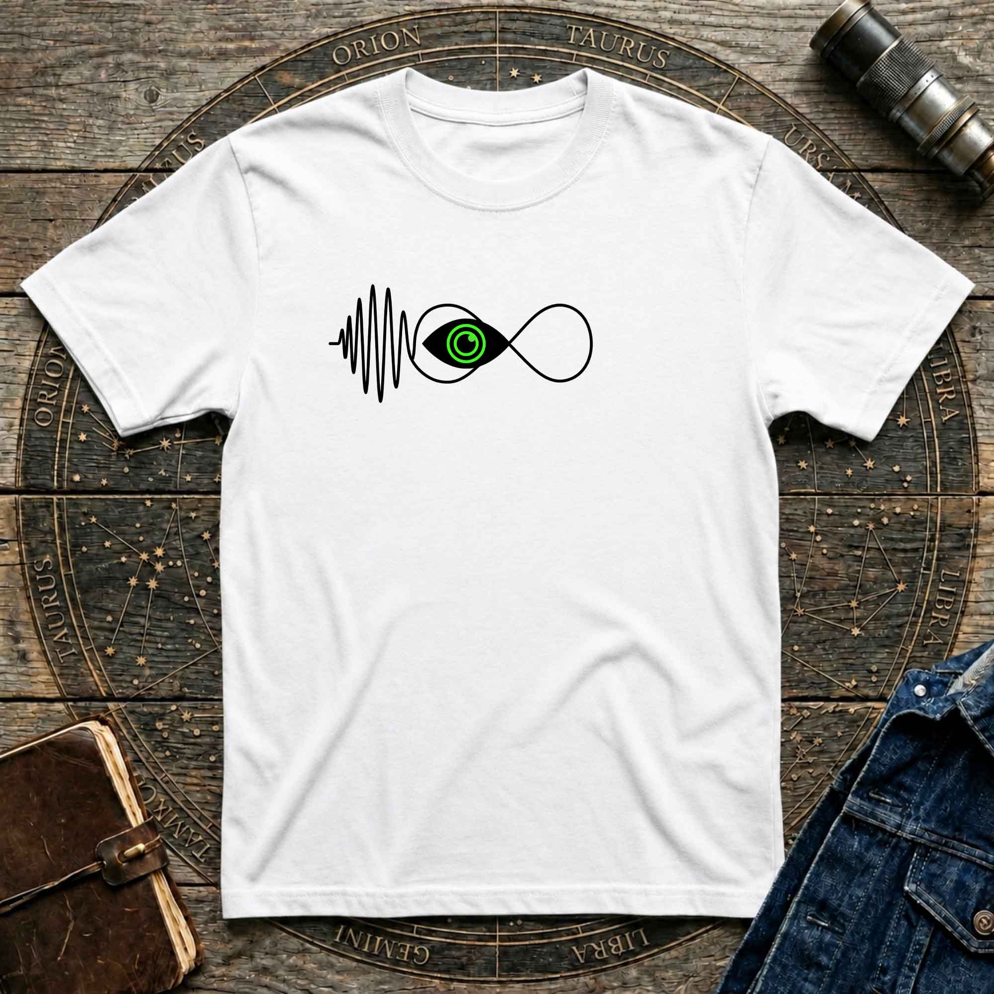 Infinity Wave Eye T-Shirt — Minimalist Soundwave & Green Eye Design