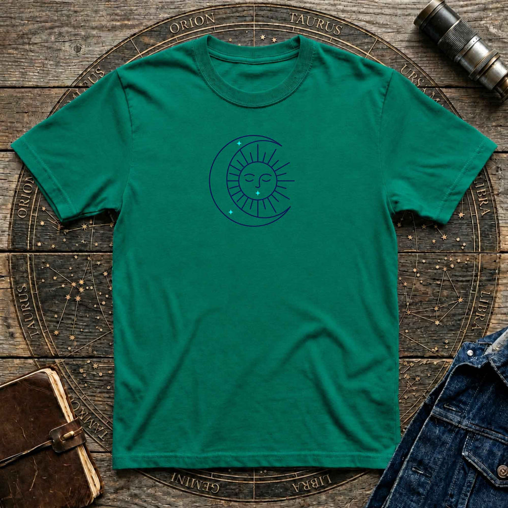 Celestial Sun & Crescent Moon T‑Shirt — Minimal Graphic Tee