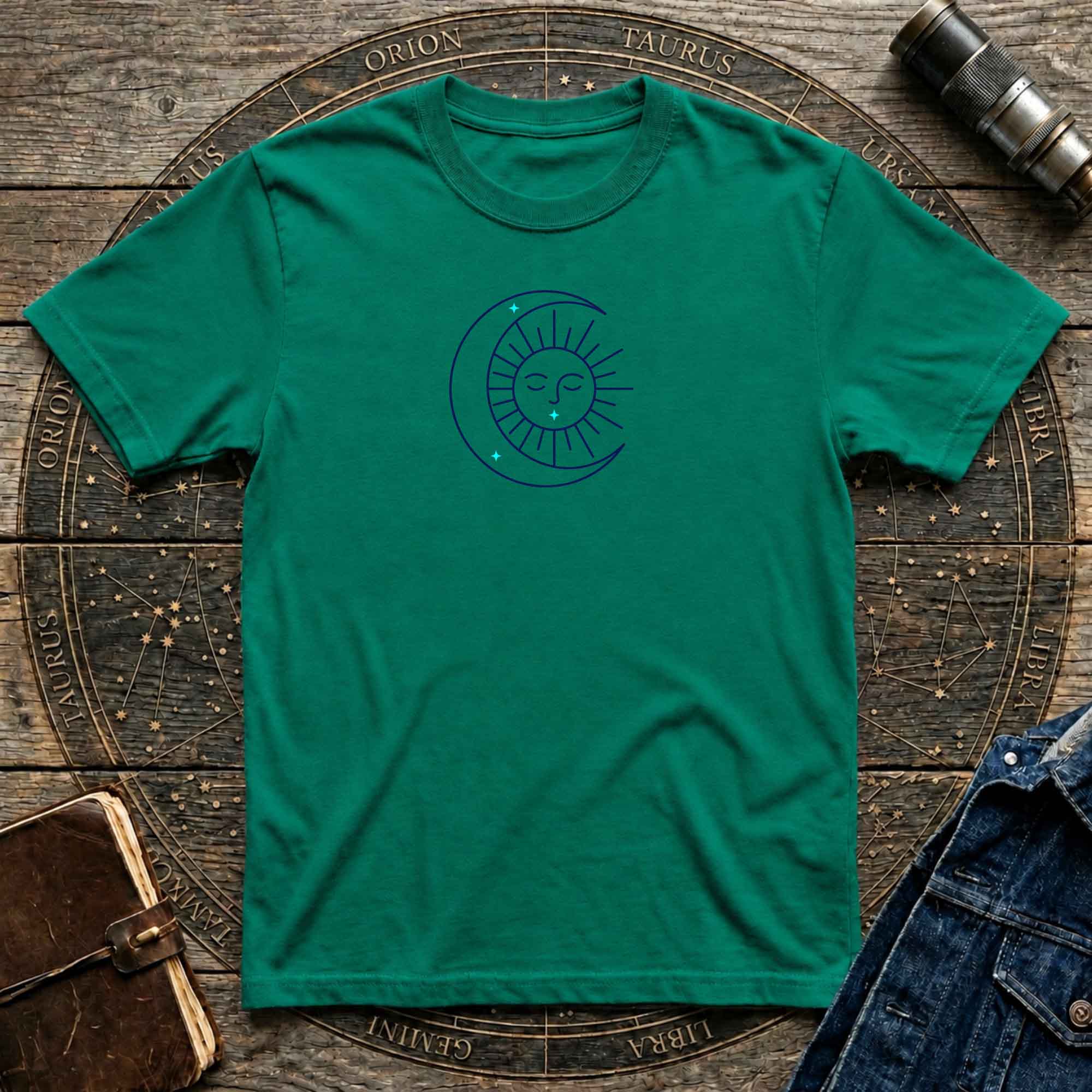Celestial Sun & Crescent Moon T‑Shirt — Minimal Graphic Tee