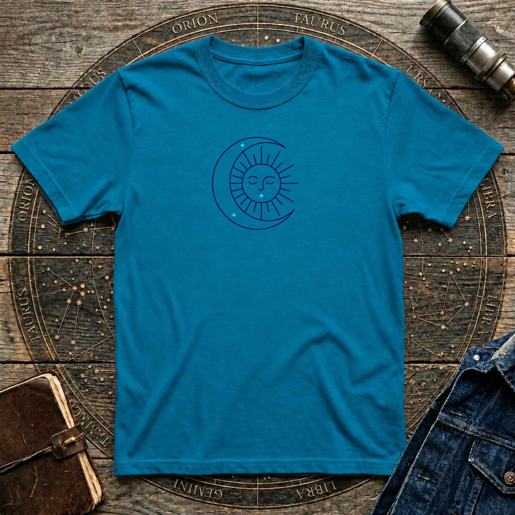 Celestial Sun & Crescent Moon T‑Shirt — Minimal Graphic Tee