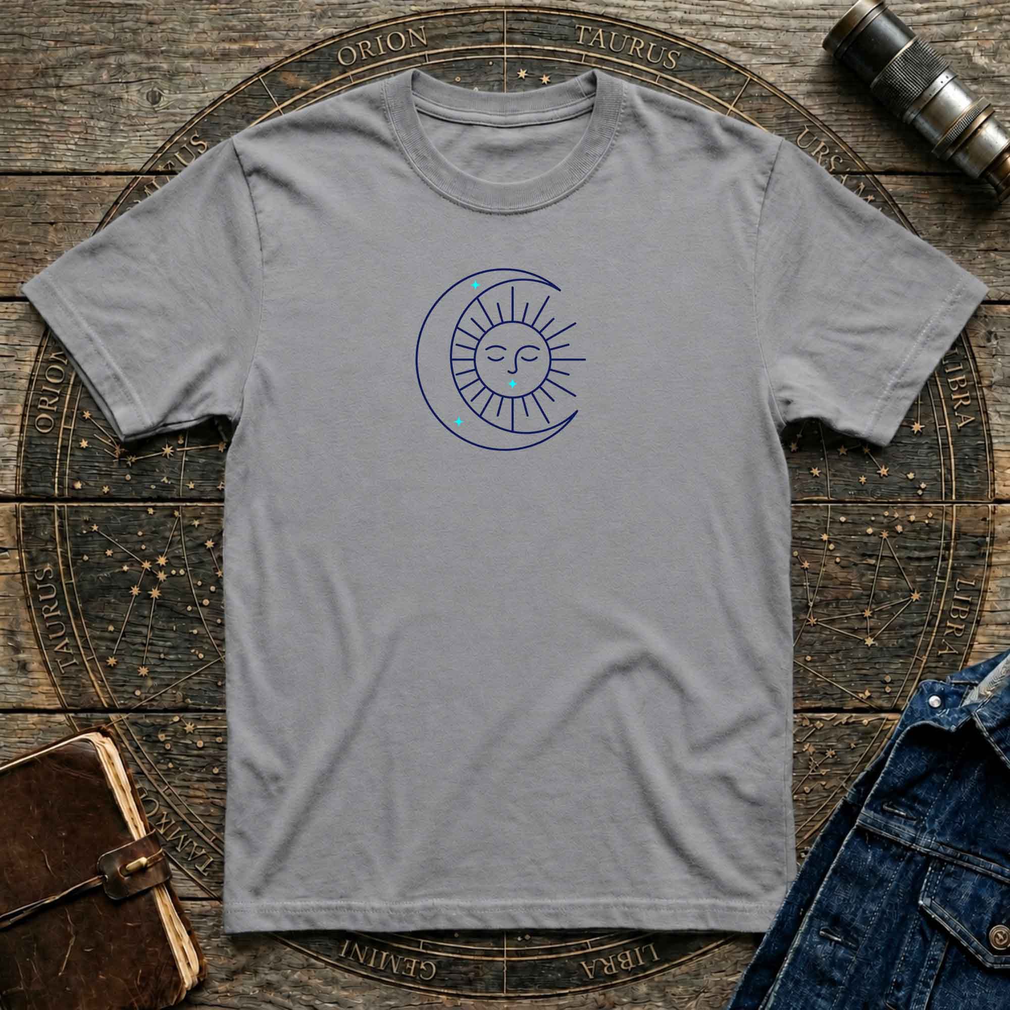 Celestial Sun & Crescent Moon T‑Shirt — Minimal Graphic Tee