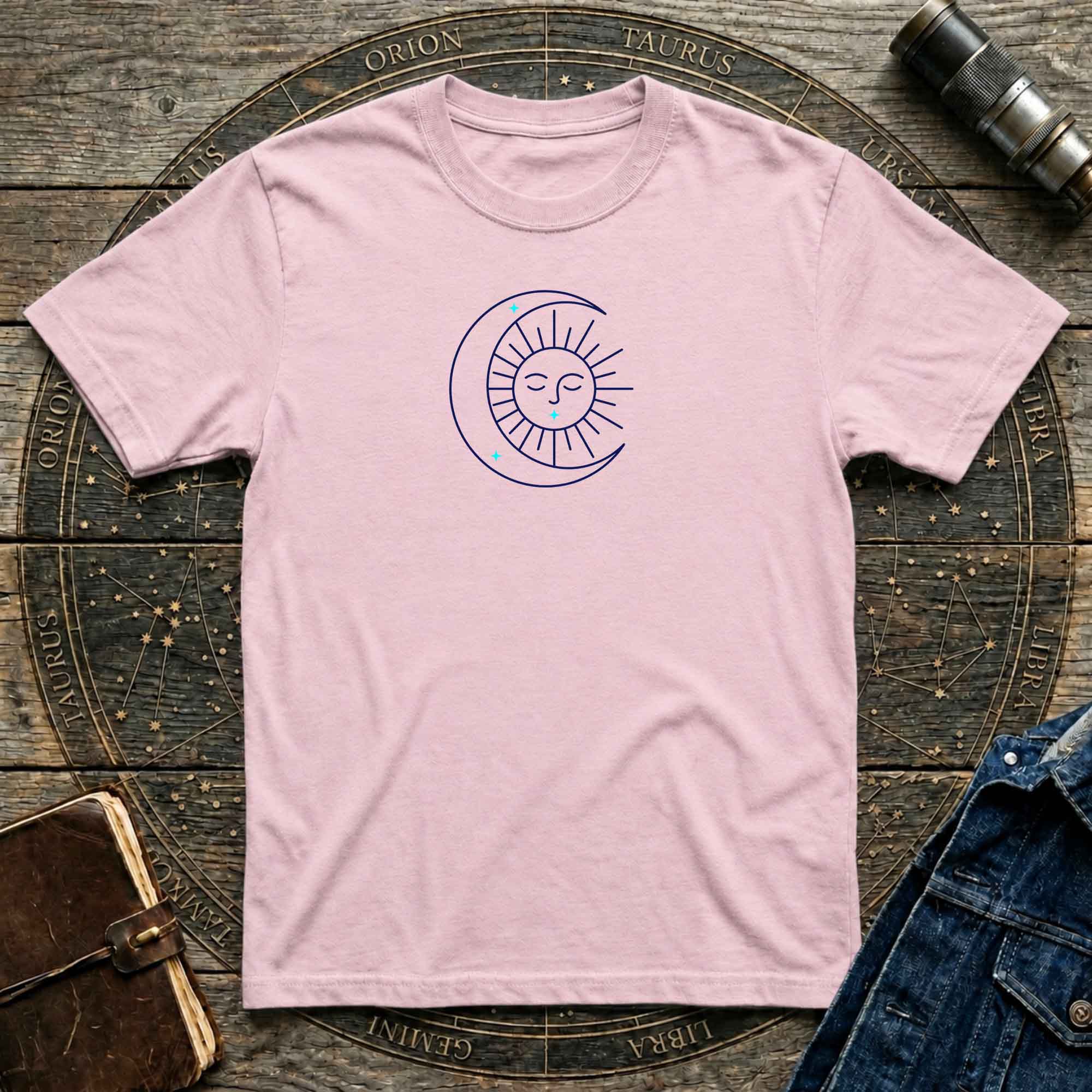 Celestial Sun & Crescent Moon T‑Shirt — Minimal Graphic Tee