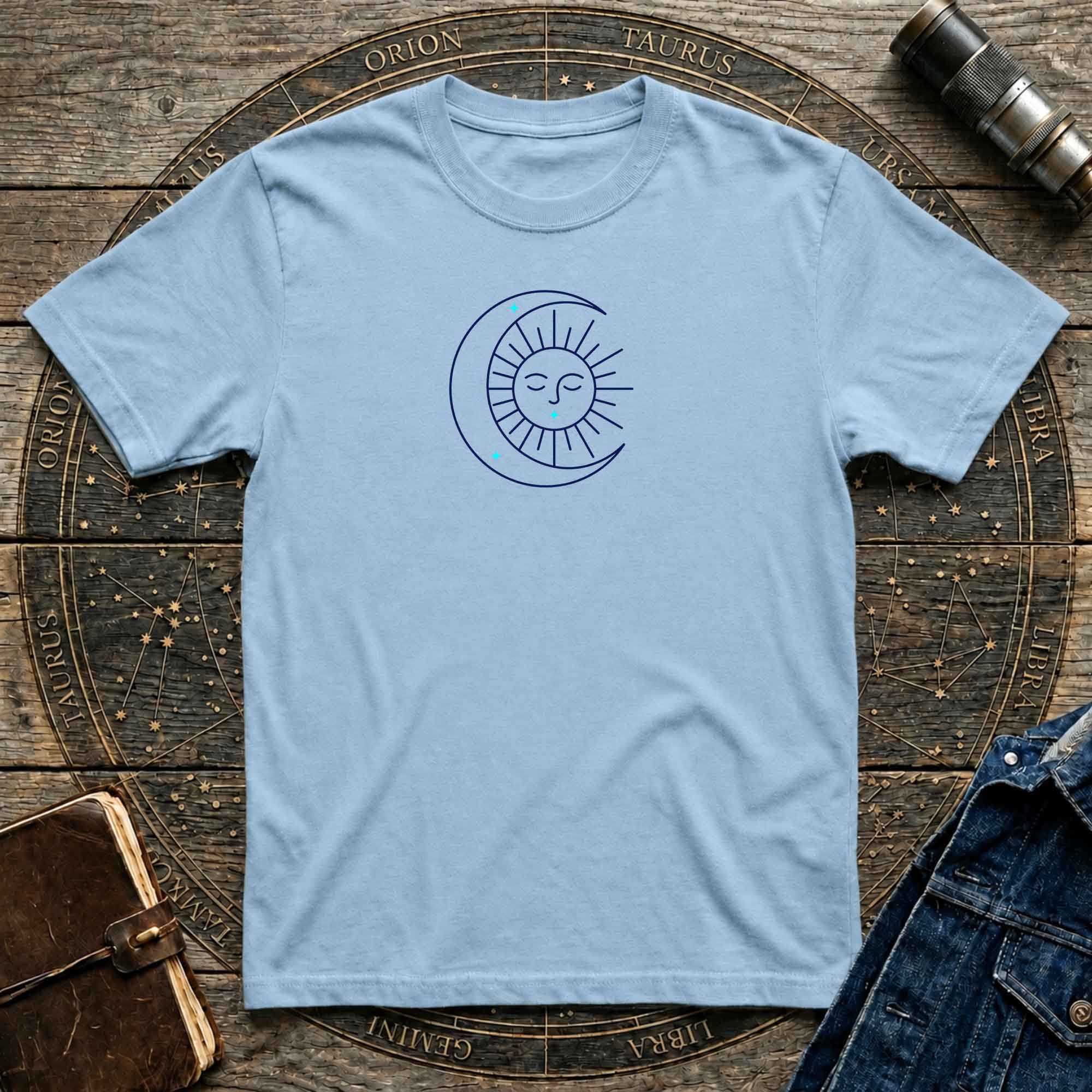 Celestial Sun & Crescent Moon T‑Shirt — Minimal Graphic Tee