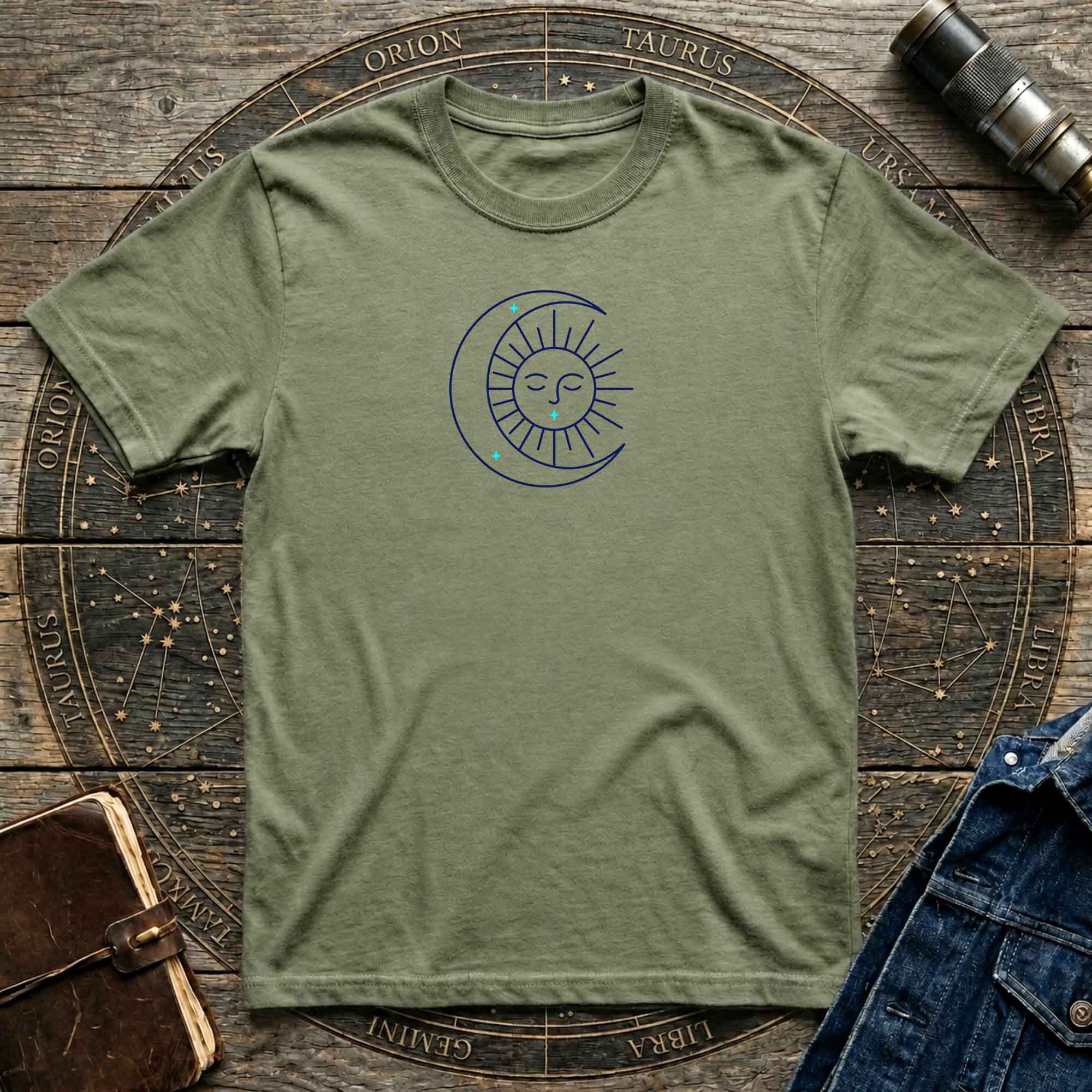 Celestial Sun & Crescent Moon T‑Shirt — Minimal Graphic Tee