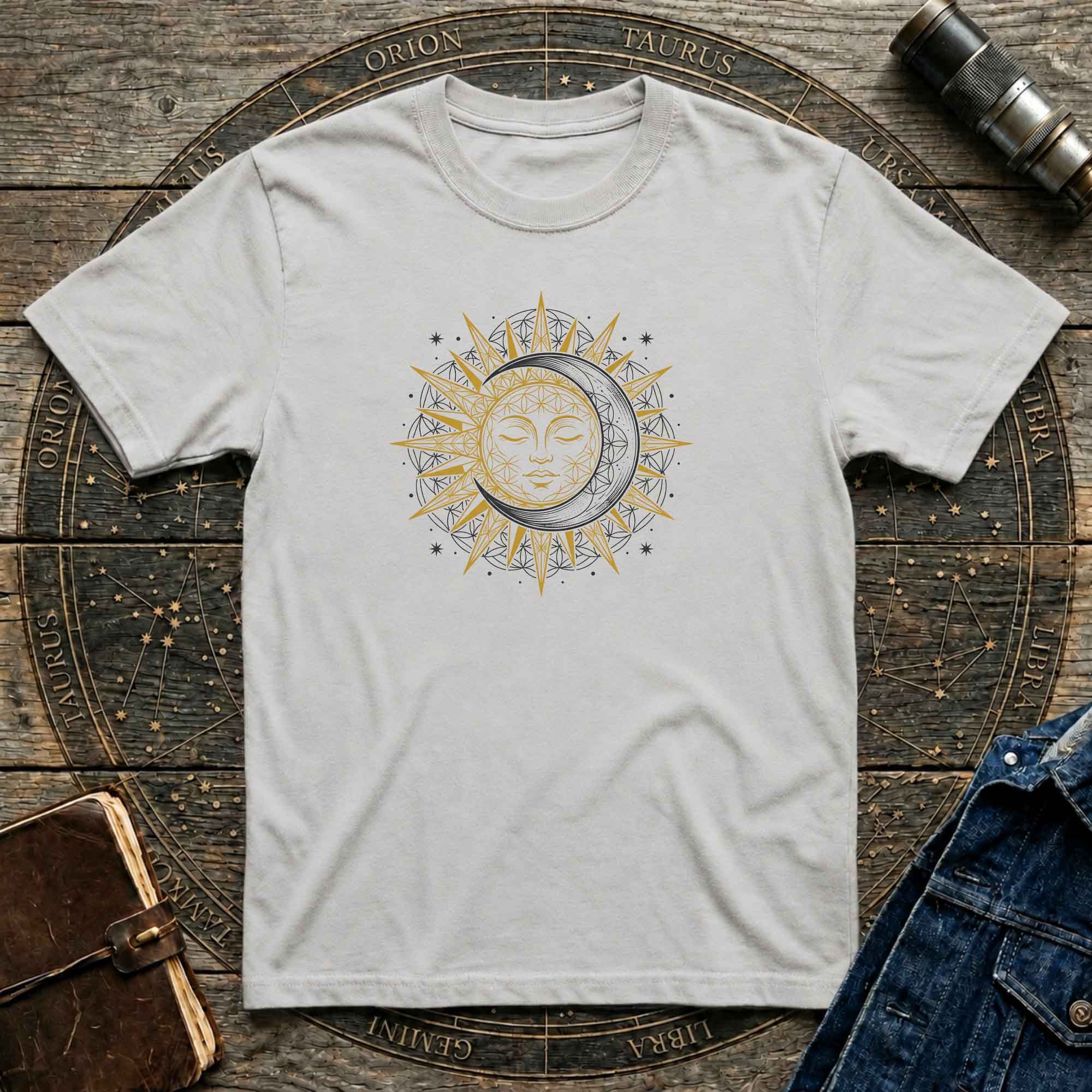 Sun & Moon Graphic T-Shirt — Boho Celestial Tee with Gold Accents