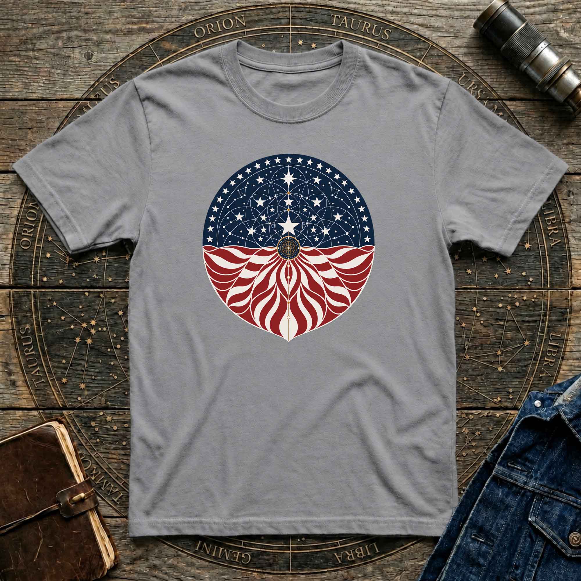 Patriotic Cosmic American Flag Mandala Graphic T-Shirt