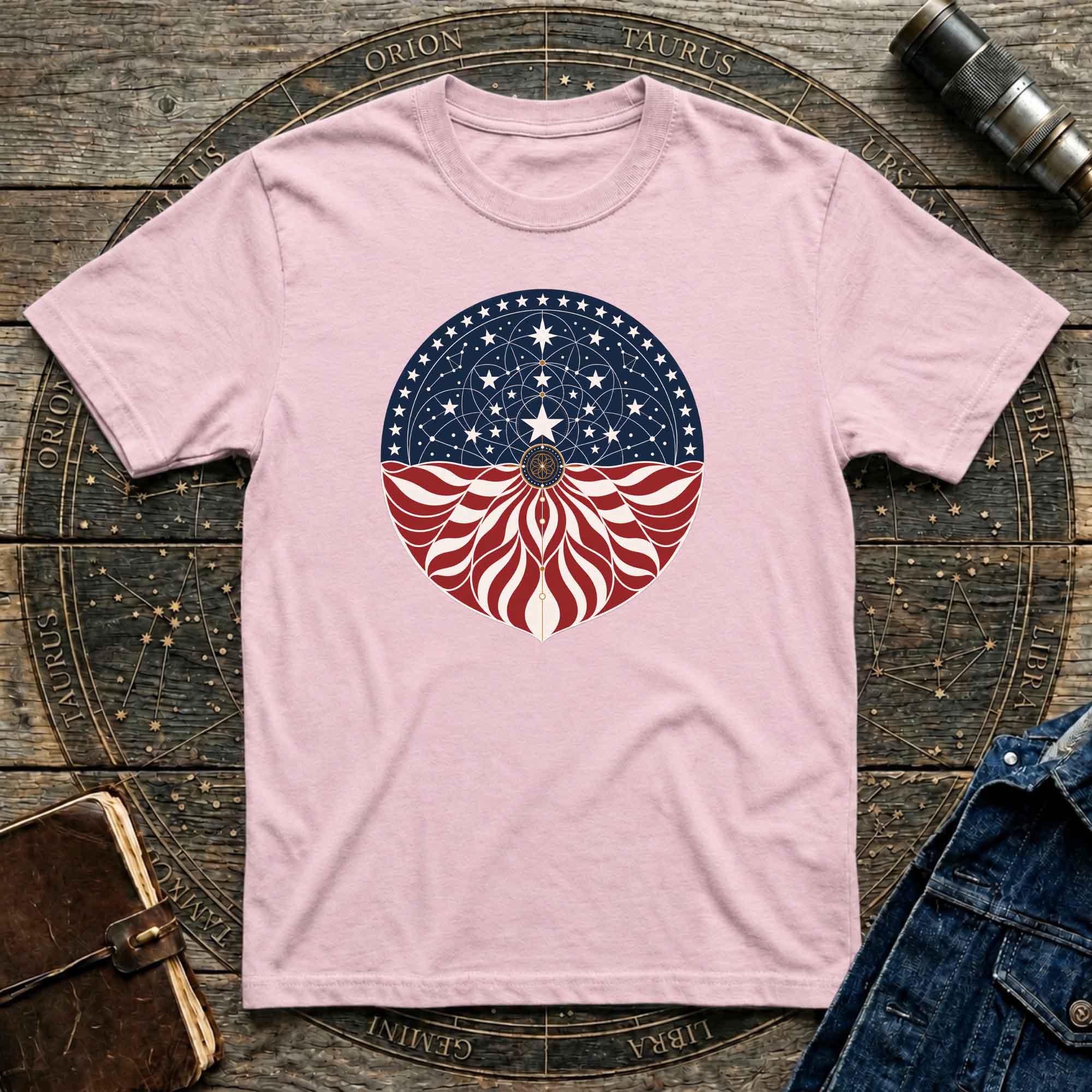 Patriotic Cosmic American Flag Mandala Graphic T-Shirt