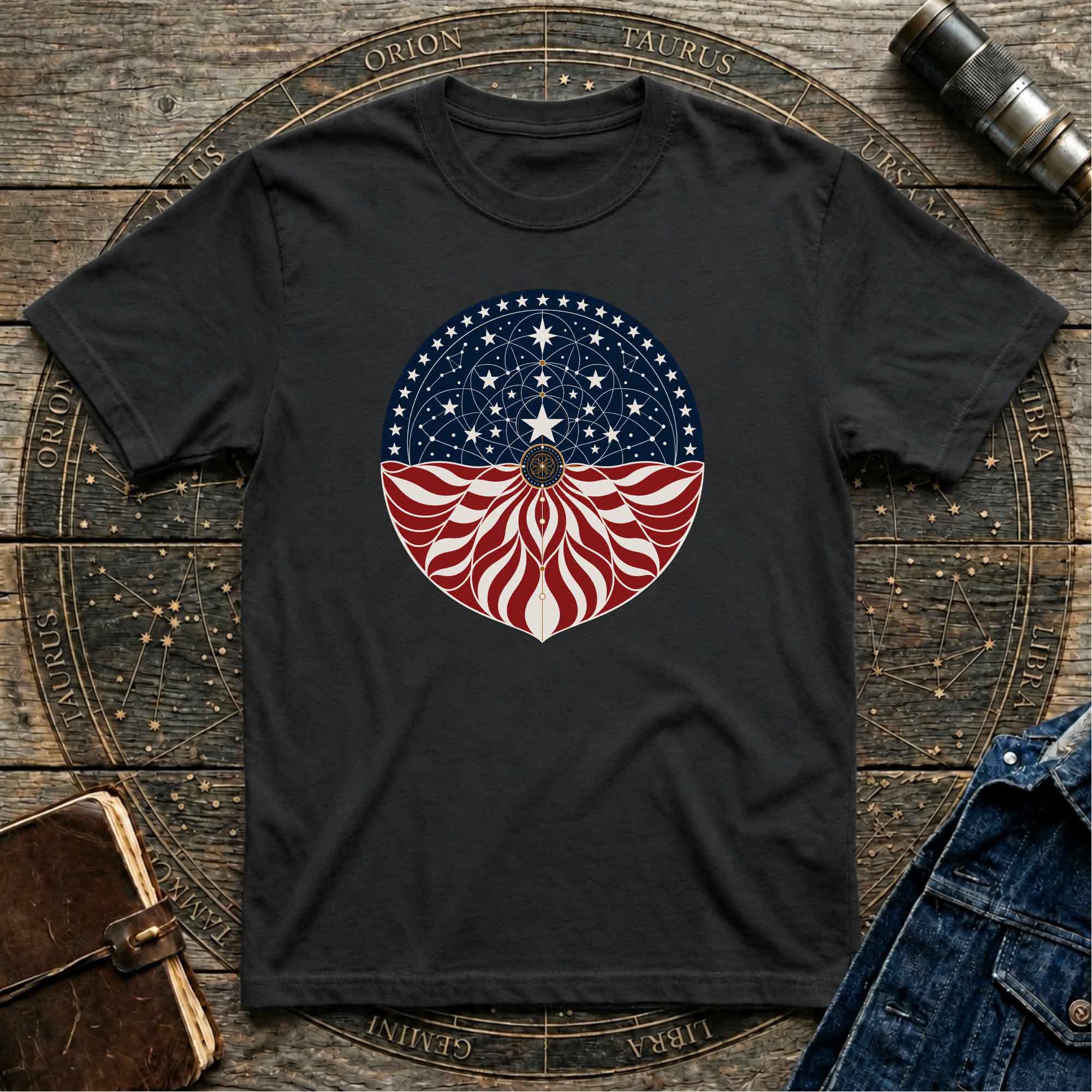 Patriotic Cosmic American Flag Mandala Graphic T-Shirt