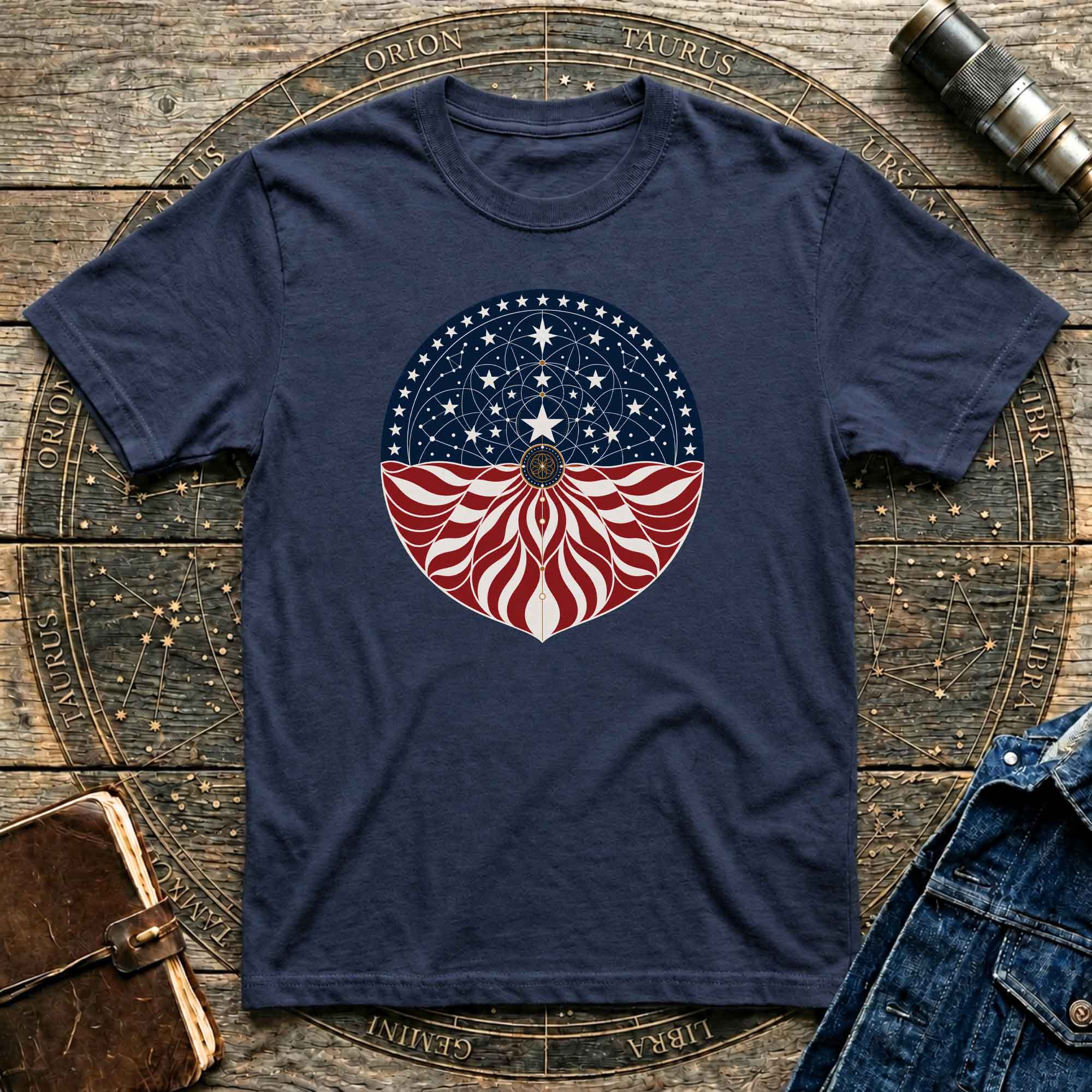 Patriotic Cosmic American Flag Mandala Graphic T-Shirt